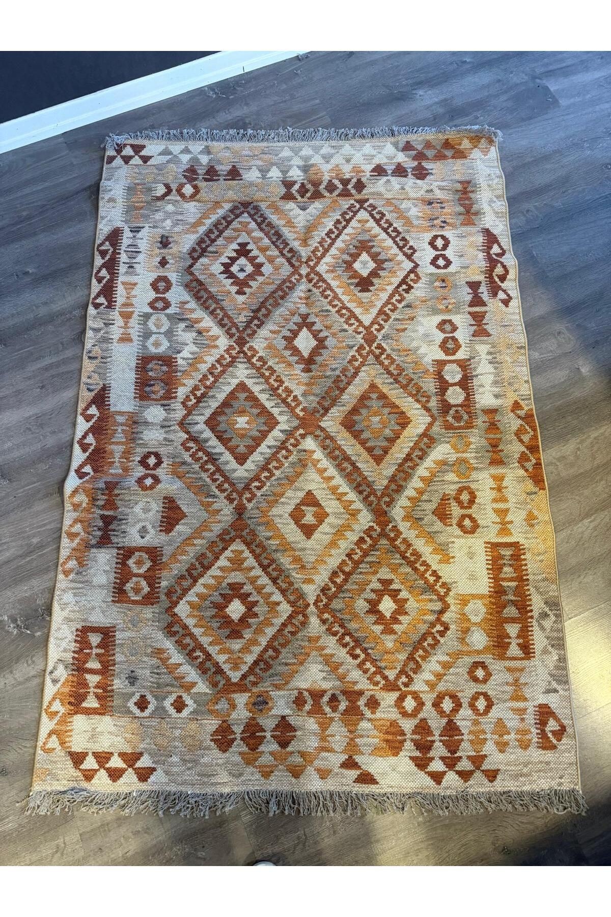 Cotton Pamuklu Çok Renkli Kiremit Tonlarda Otantik Desenli Kilim 501