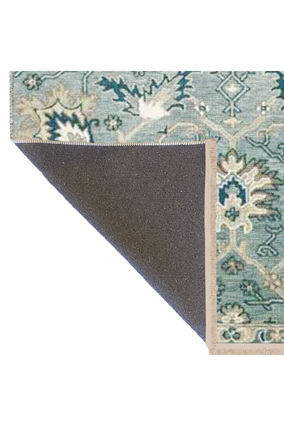 Açık Mavi Temalı Motifli Etnik Çiçek Desenli Saçaklı Vintage Dekoratif Halı 3181