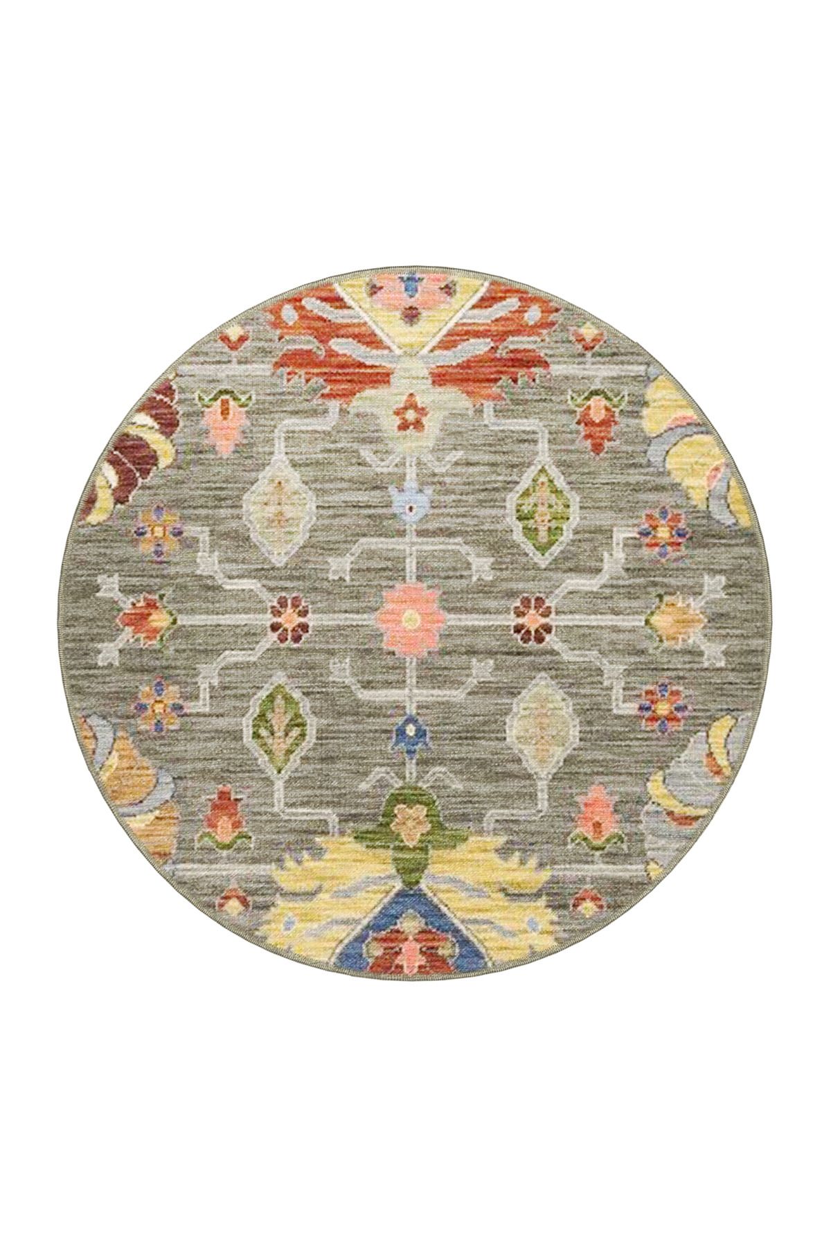 Gri Temalı Çok Renkli Motifli Etnik Çiçek Desenli Vintage Dekoratif Halı 3924