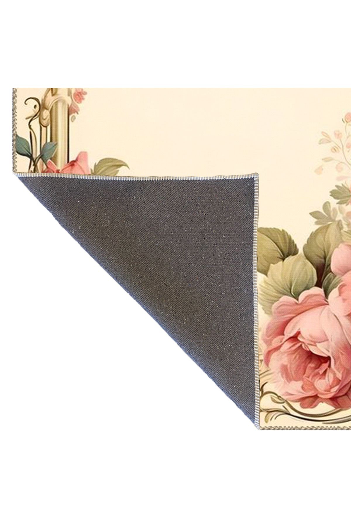 Bej Temalı Yaprak ve Floral Çiçek Gül Desenli Modern Dekoratif Halı 3641