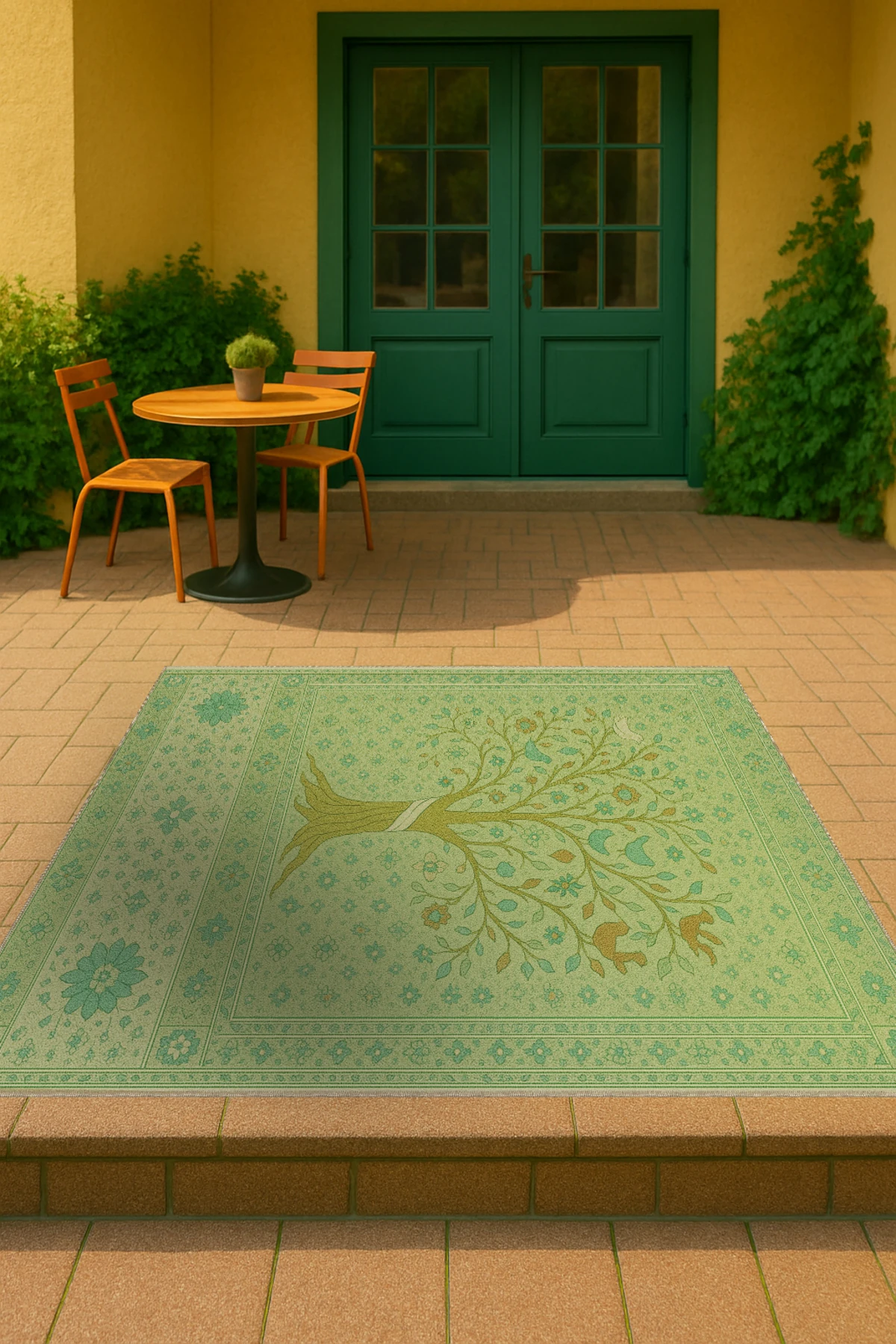 MOSSO Yeşil Temalı Motifli ve Ağaç Desenli Dokuma Taban Modern Dekoratif Halı mosso355