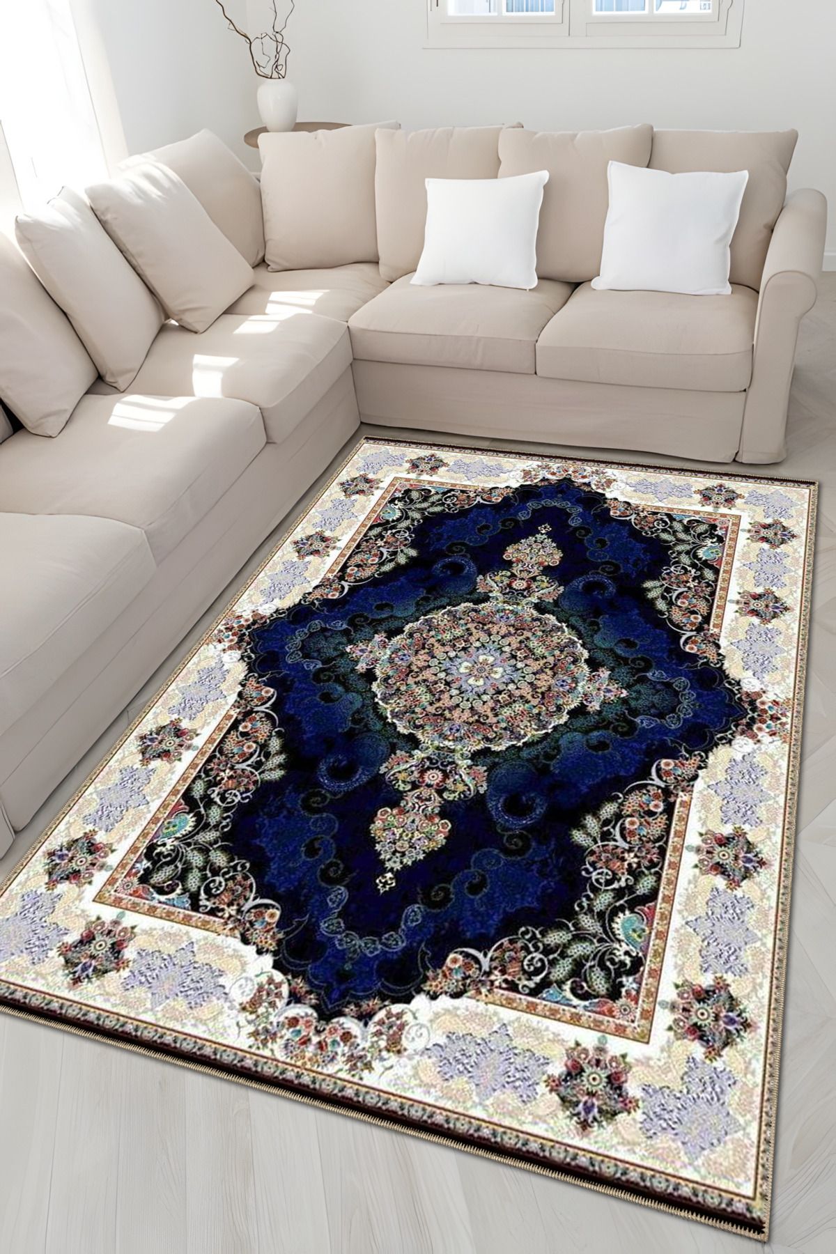 Lacivert Temalı Çok Renkli Geleneksel Motif Çiçek Desenli Vintage Dekoratif Halı 4890