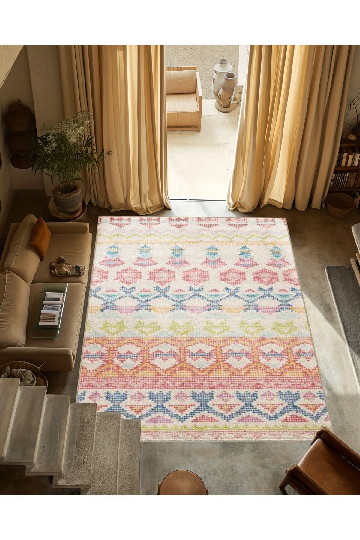 Çok Renkli Karma Geometrik Şekil Desenli Modern Dekoratif Halı 3301
