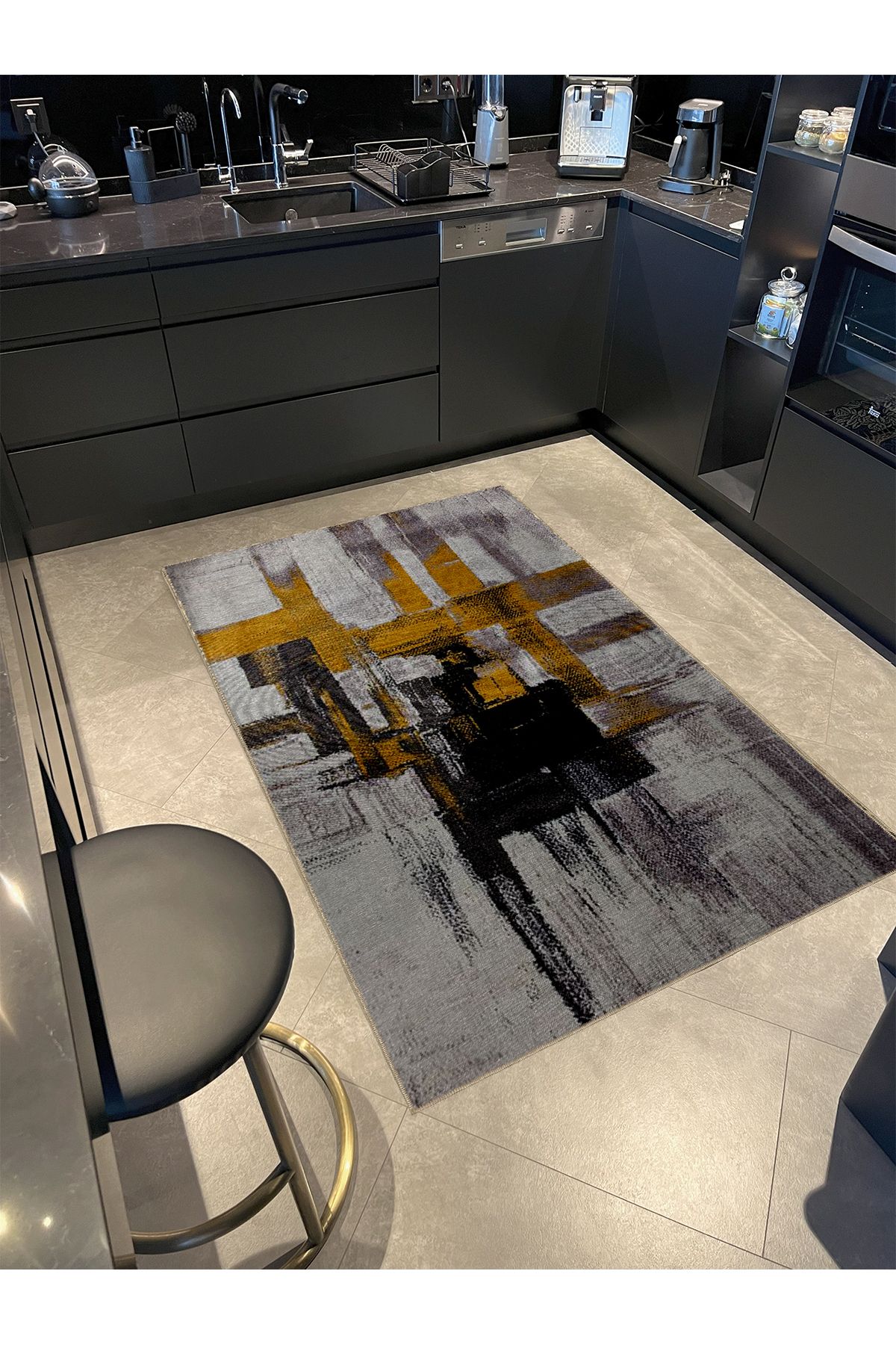 Gri Sarı Temalı Geometrik Soyut Desenli Modern Dekoratif Halı 5302