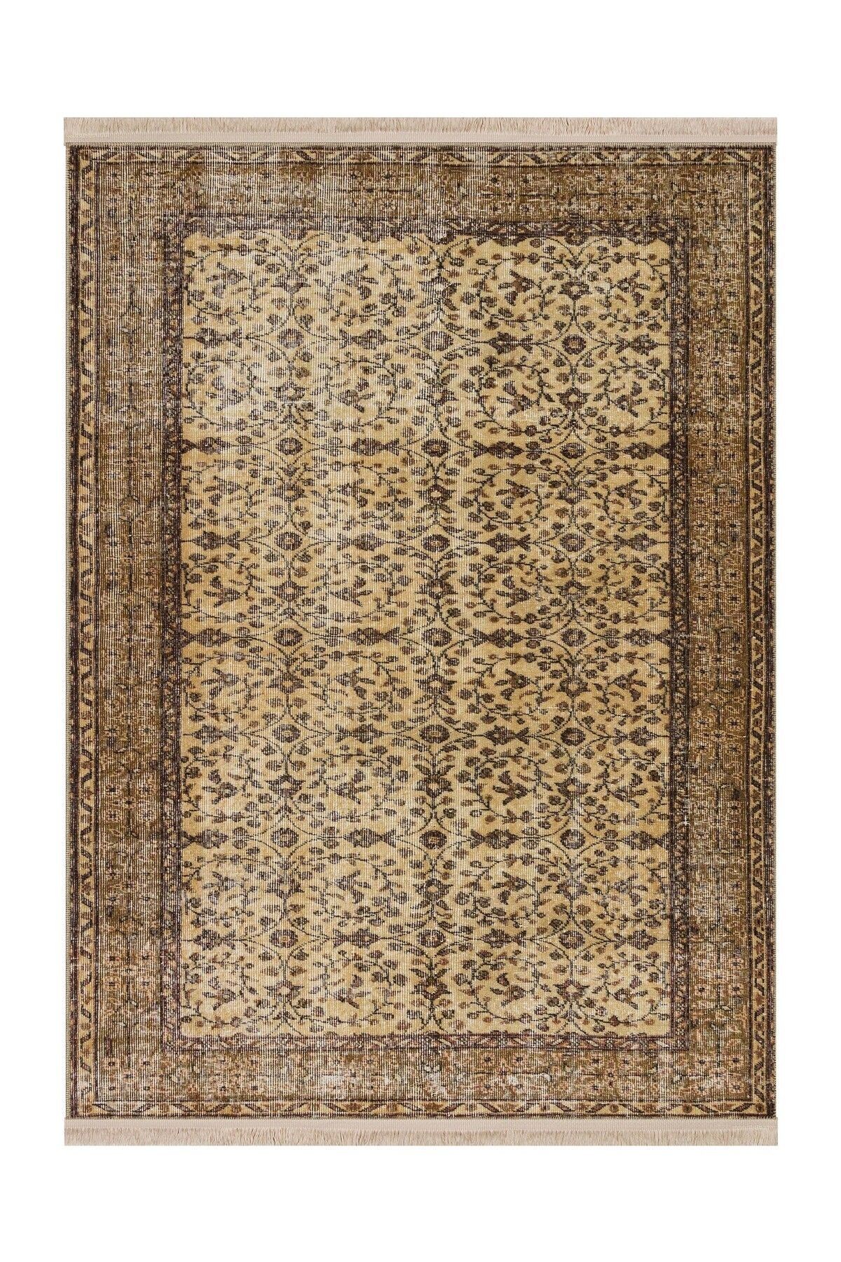 Memlük Koleksiyonu Bej Kahve Tonlar Etnik Motif Vintage Desenli Dokuma Taban Dekoratif Halı memlük22