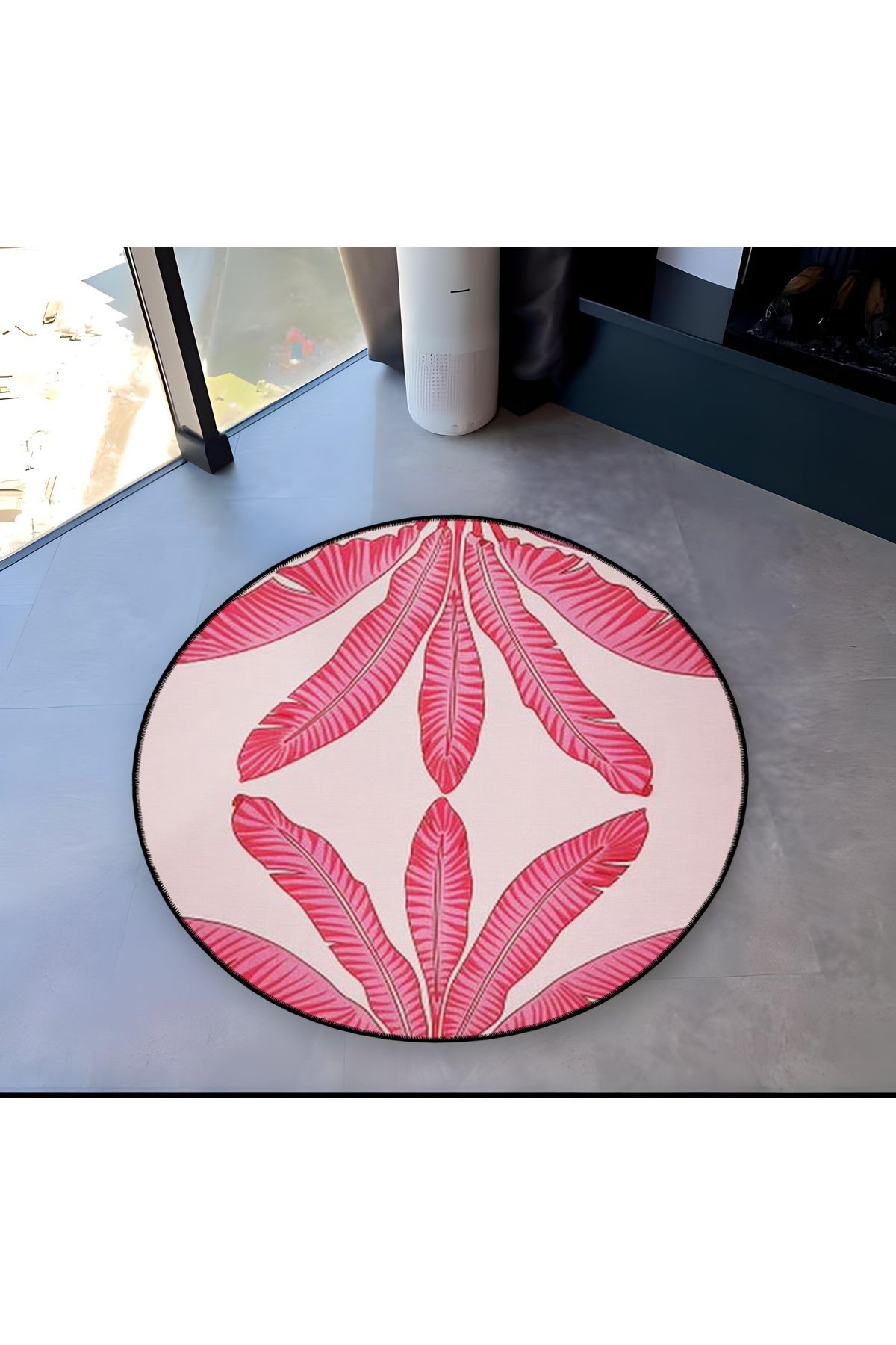 Pudra Pembe Tropikal Yapraklar Desenli Yuvarlak Dokuma Taban Modern Dekoratif Halı 6114