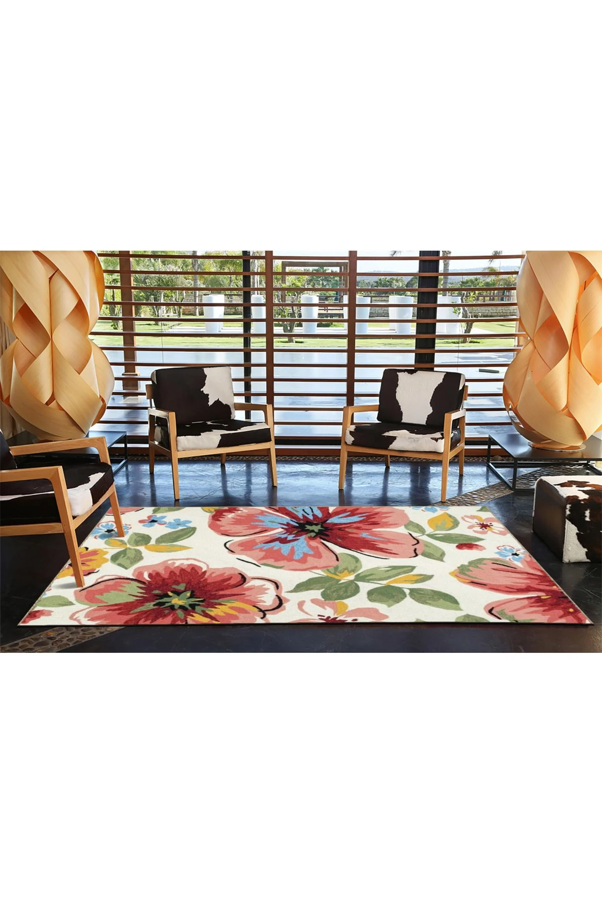 Pembe Yeşil Temalı Yaprak ve Çiçek Desenli Modern Dekoratif Halı 3857