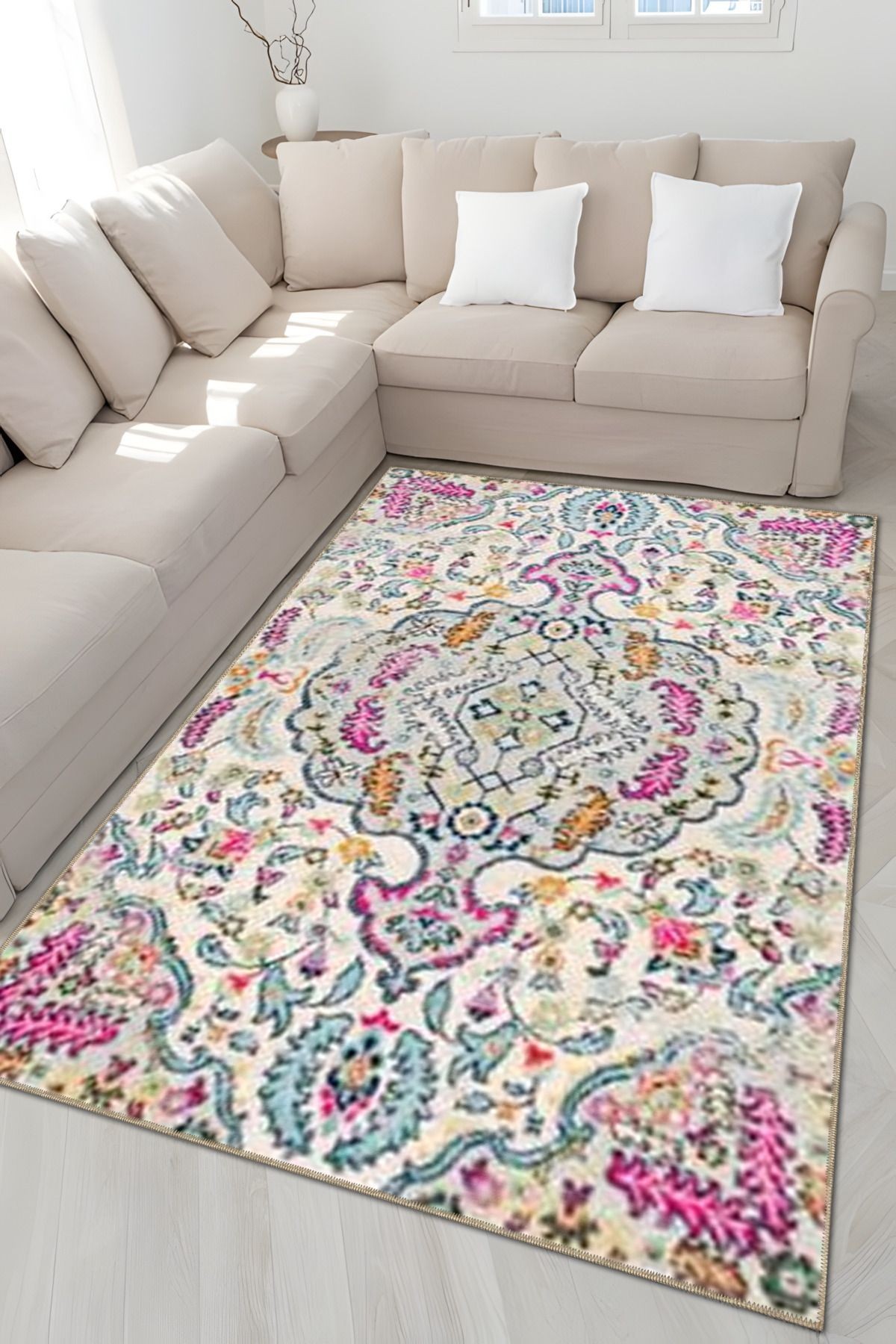 Açık Ton Çok Renkli Geleneksel Motif Desenli Vintage Dekoratif Halı 5001