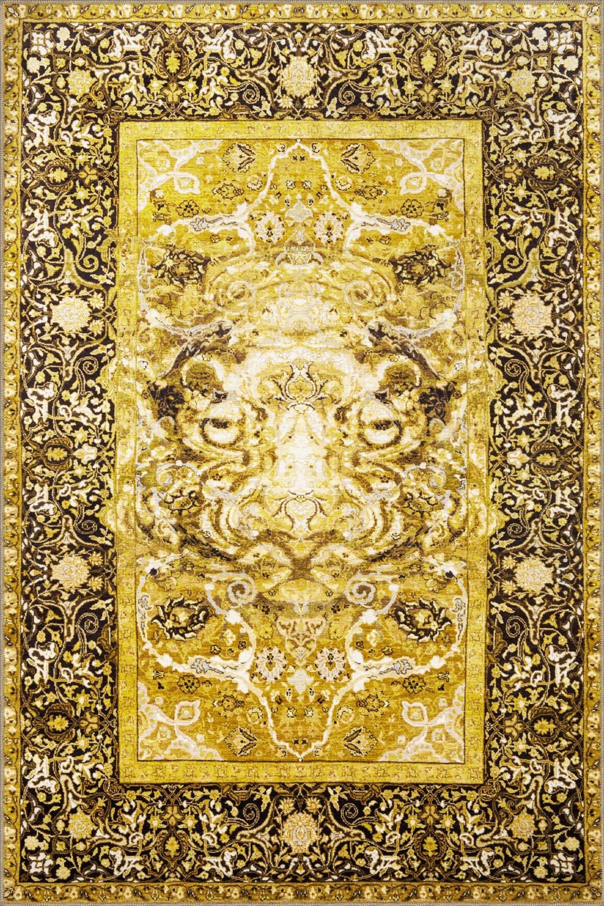 Sarı Temalı Geleneksel Motif Etnik Desenli Vintage Dekoratif Halı 3431