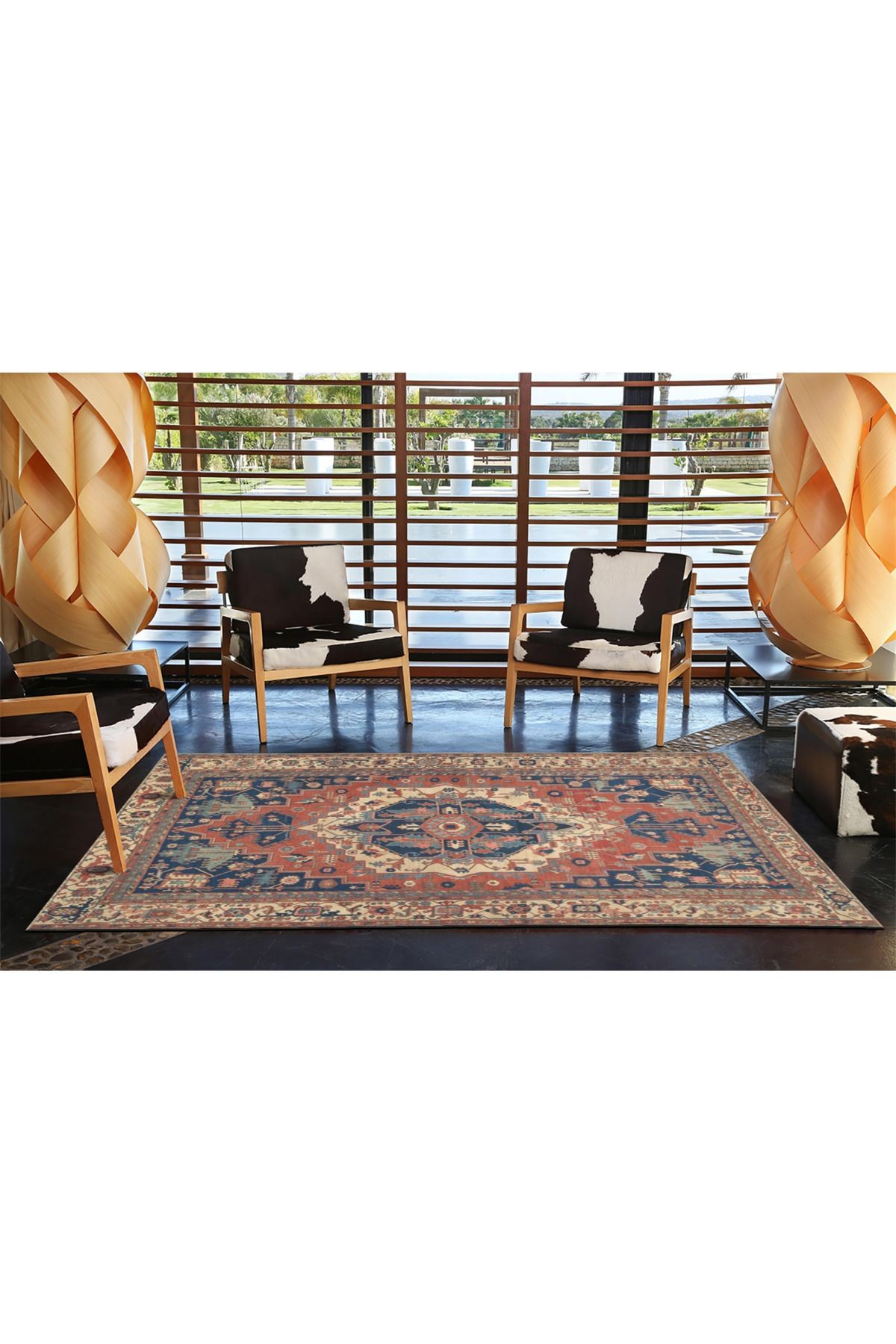 Bej Mavi Temalı Geleneksel Motif Desenli Vintage Dekoratif Halı 3854