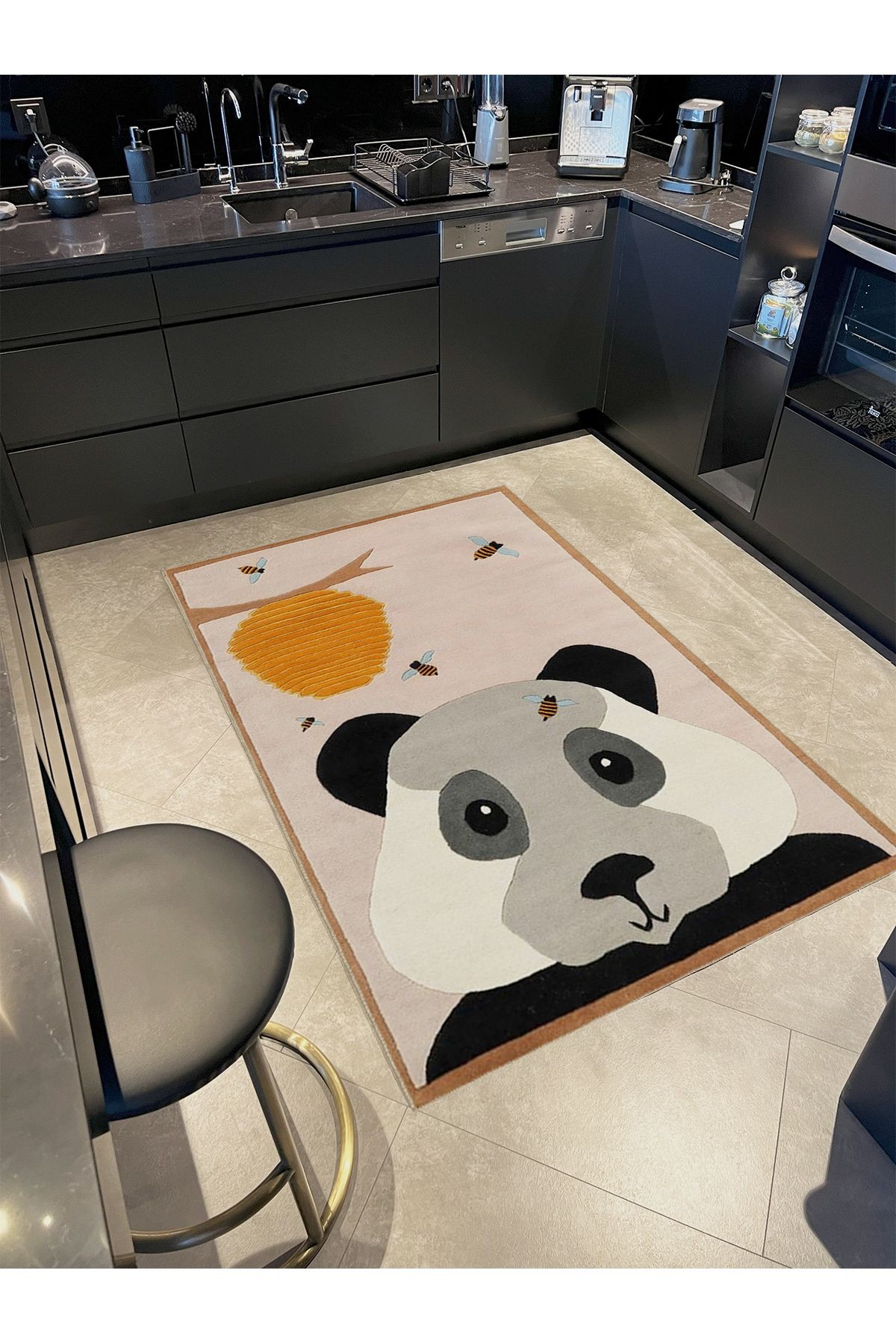 Seda Koleksiyonu Sevimli Panda ve Arılar Desenli Dokuma Taban Modern Dekoratif Halı seda44