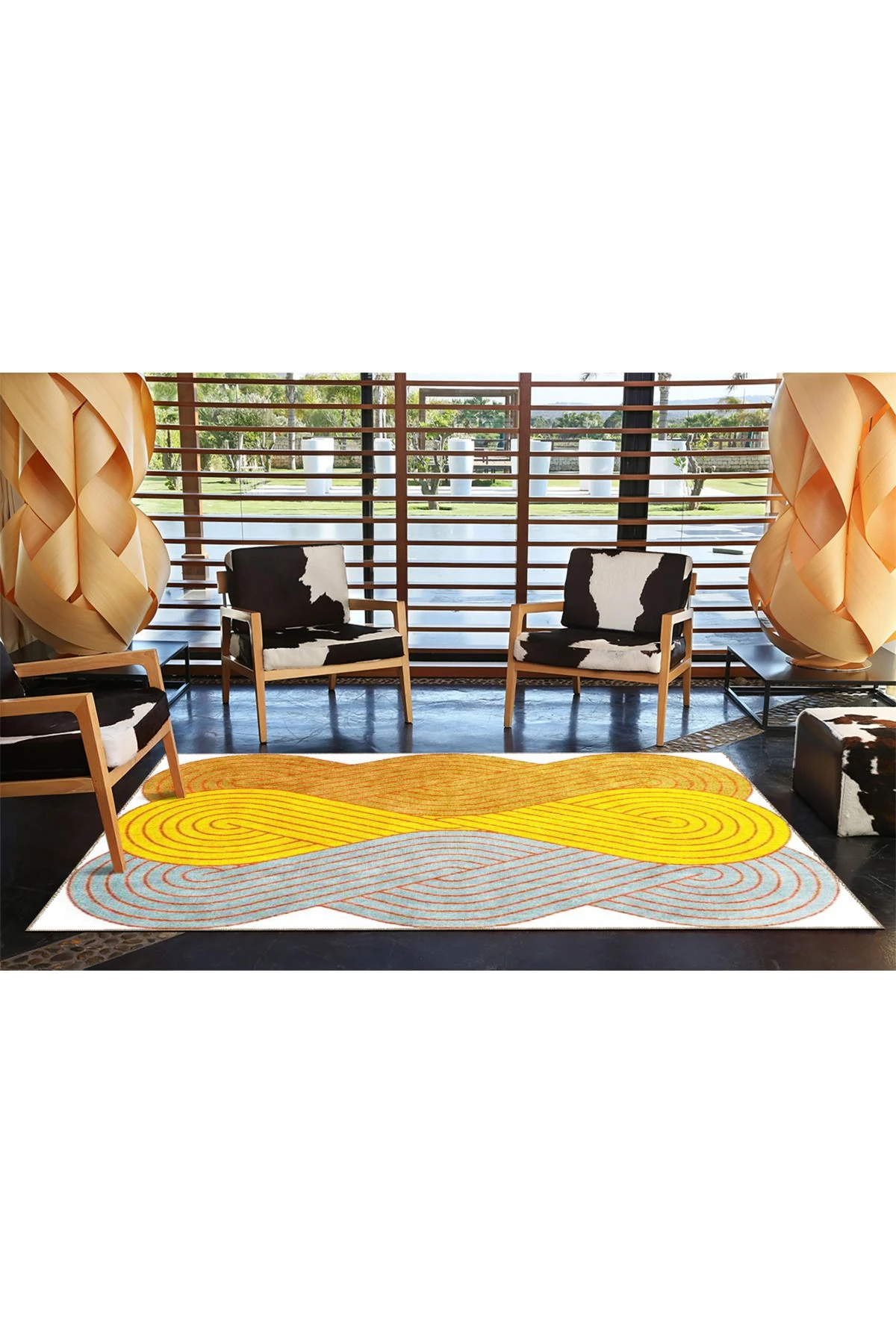 Gri ve Sarı Renk Tonlarında Dalgalı Desenli Dekoratif Halı 4079