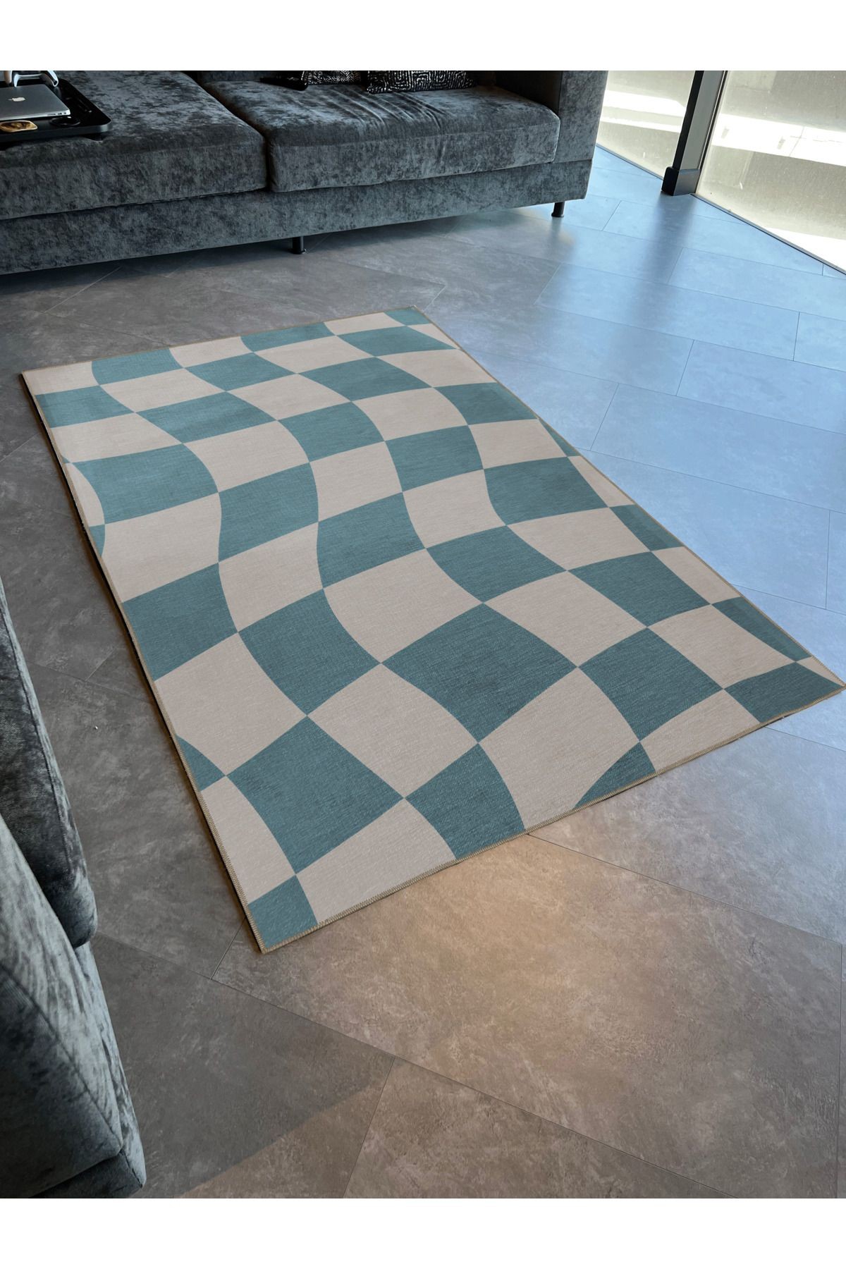 Mavi Bej Temalı Geometrik Şekil Desenli Kreatif Modern Dekoratif Halı 2370