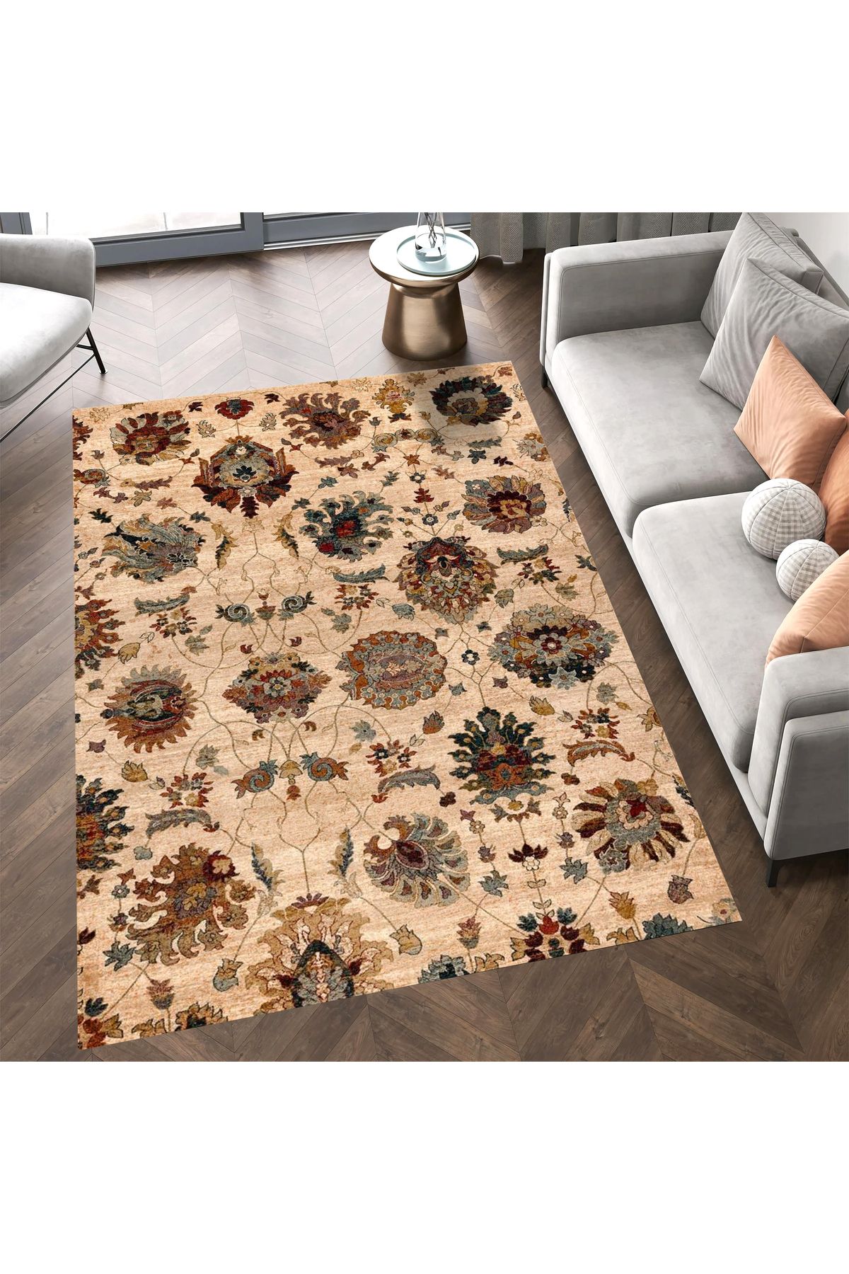 Kuzey Koleksiyonu Bej Kahve Etnik Desenli Dokuma Taban Modern Dekoratif Halı kuzey37