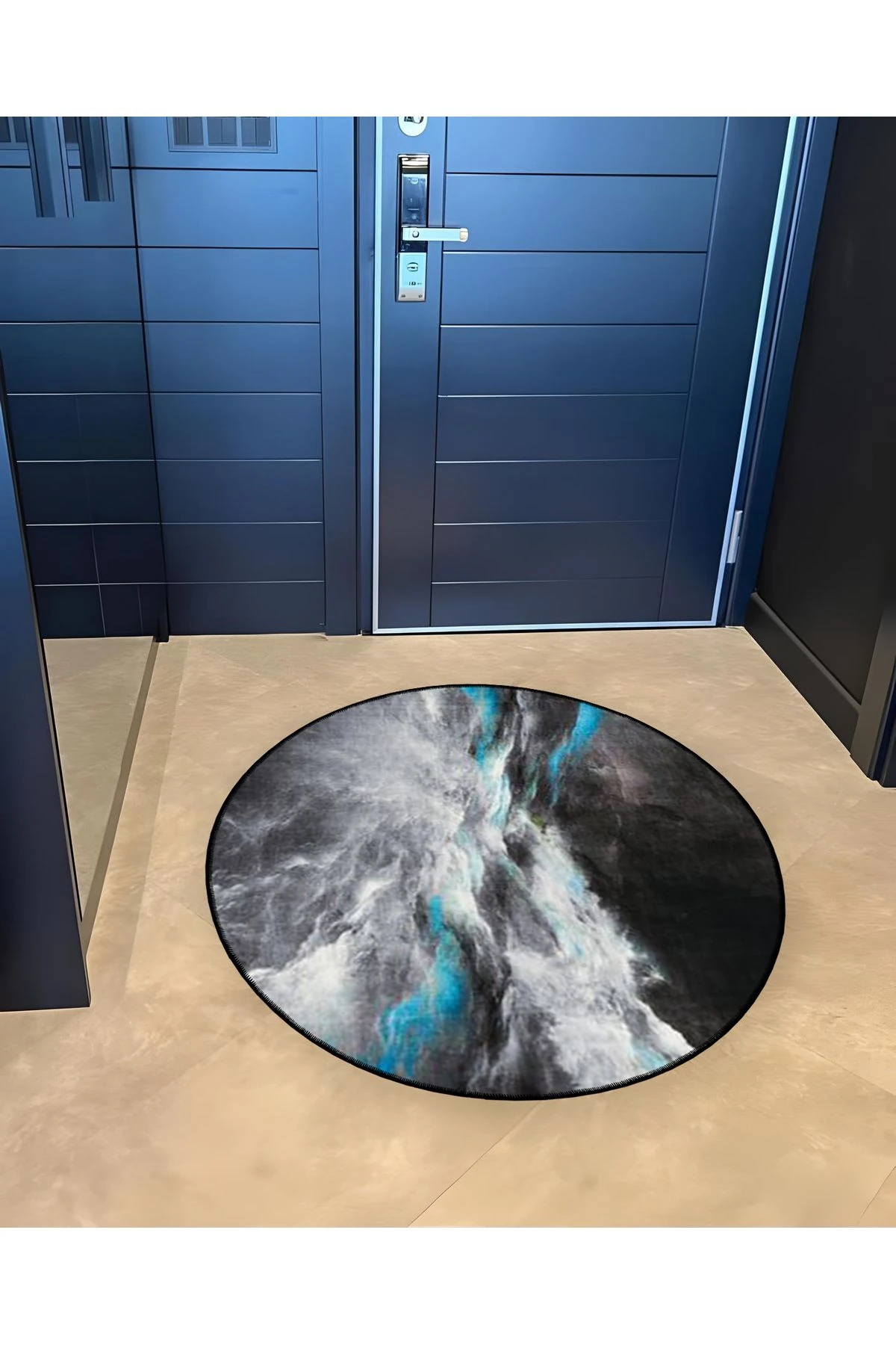 Mira Yuvarlak Koyu Tonlarda Mavi Renk Detaylı Dokuma Taban Modern Dekoratif Halı 5565