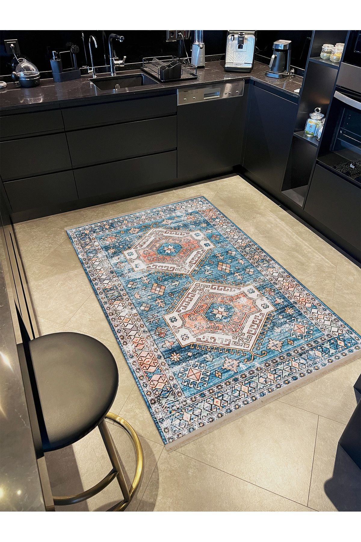 Berlin Asya Eskitme Görünümlü Mavi Turuncu Dokuma Taban Modern Dekoratif Halı berlinasya45