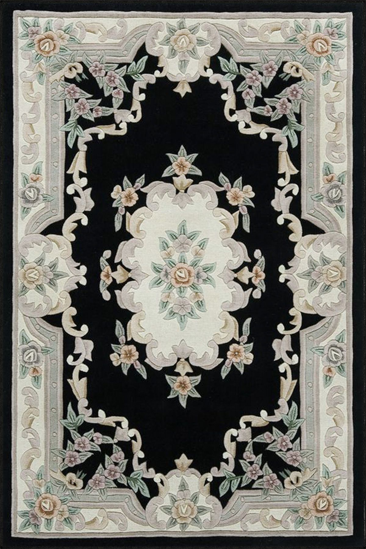 Gri ve Siyah Geometrik Desenli Çiçekli Dokuma Taban Halı miravip200