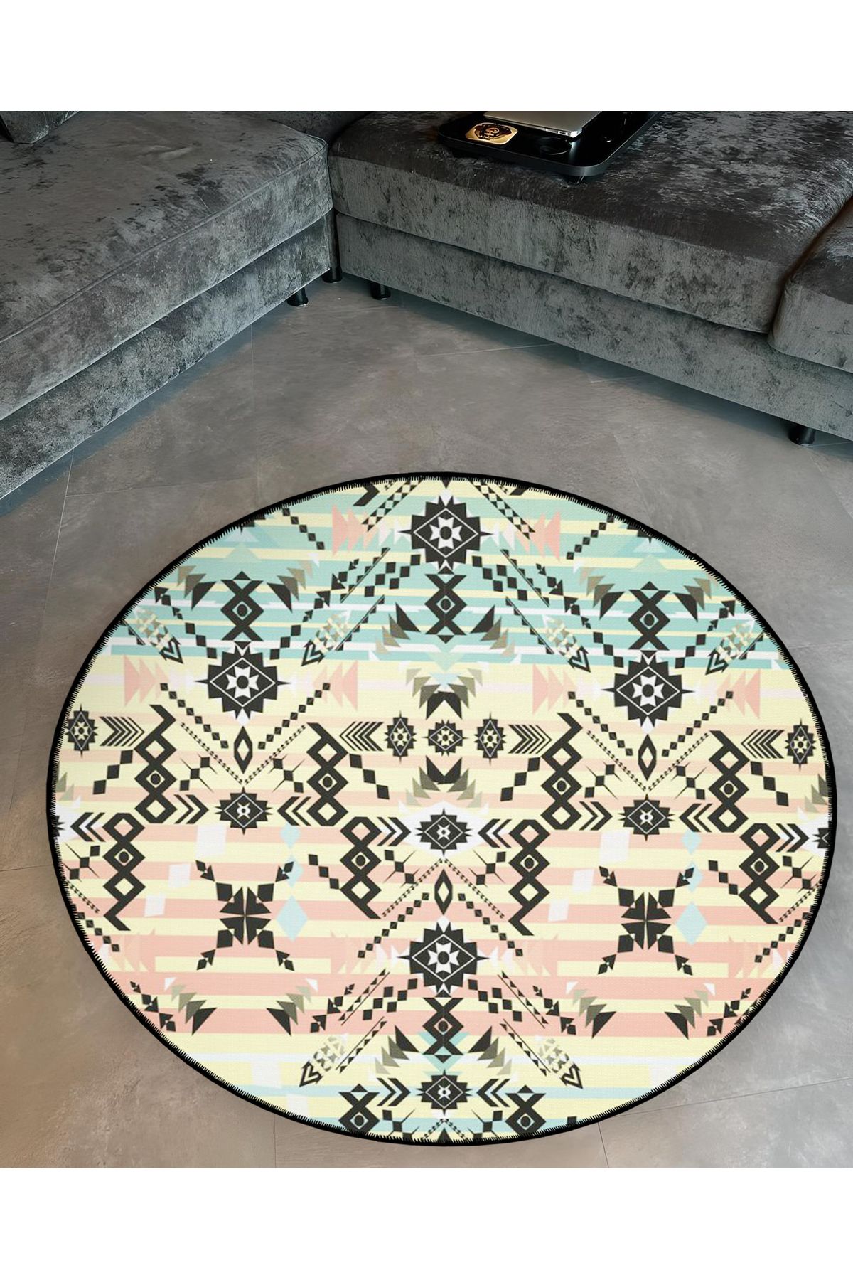 Mira Yuvarlak Çok Renkli Siyah Etnik Desen Detaylı Dokuma Taban Modern Dekoratif Halı 5603