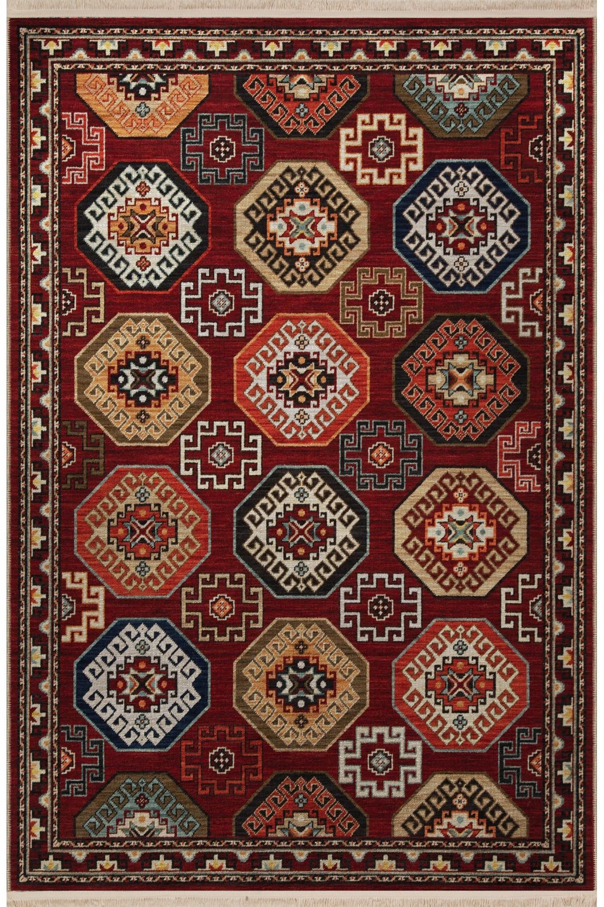 Bordo Temalı Çok Renkli Etnik Geleneksel Motif Desenli Vintage Dekoratif Halı 2766