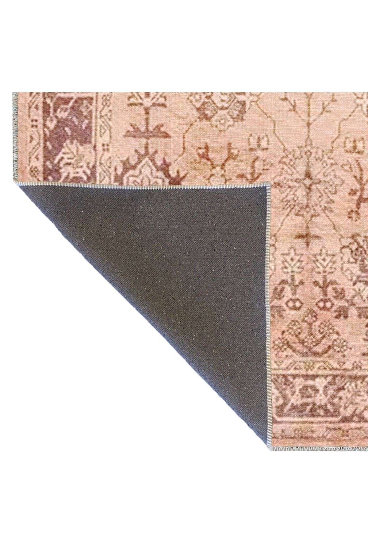 Bej Pudra Temalı Motifli Etnik Çiçek Desenli Vintage Dekoratif Halı 3305