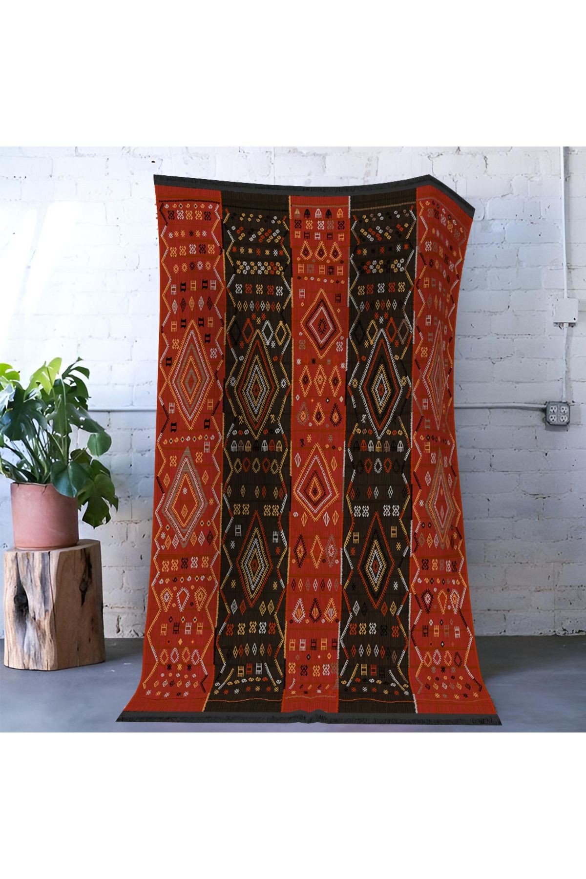Mira Kırmızı Kahve Temalı Şerit Desen Geleneksel Motifli Vintage Dekoratif Halı Mira 1580