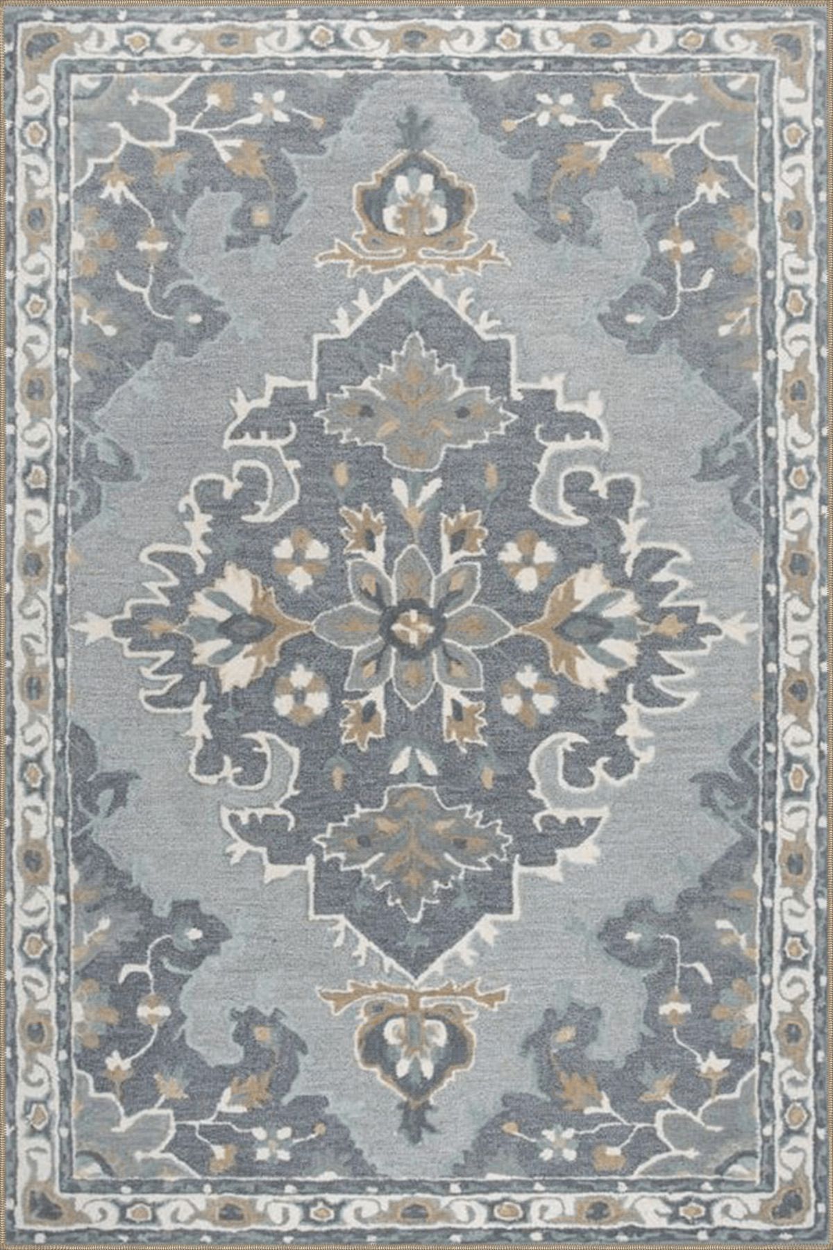 Gri Temalı Geleneksel Motif Çiçek Desenli Vintage Dekoratif Halı 4540