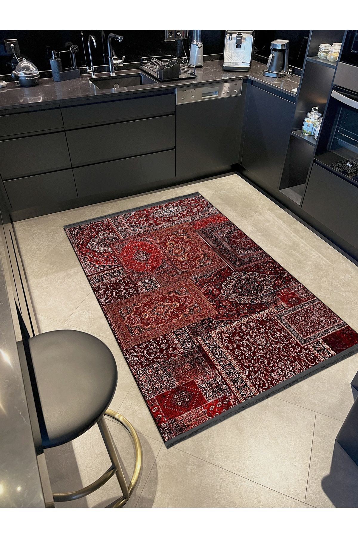 Kuvars Koleksiyonu Kırmızı Vintage Motifler Desenli Dokuma Taban Etnik Dekoratif Halı kuvars27