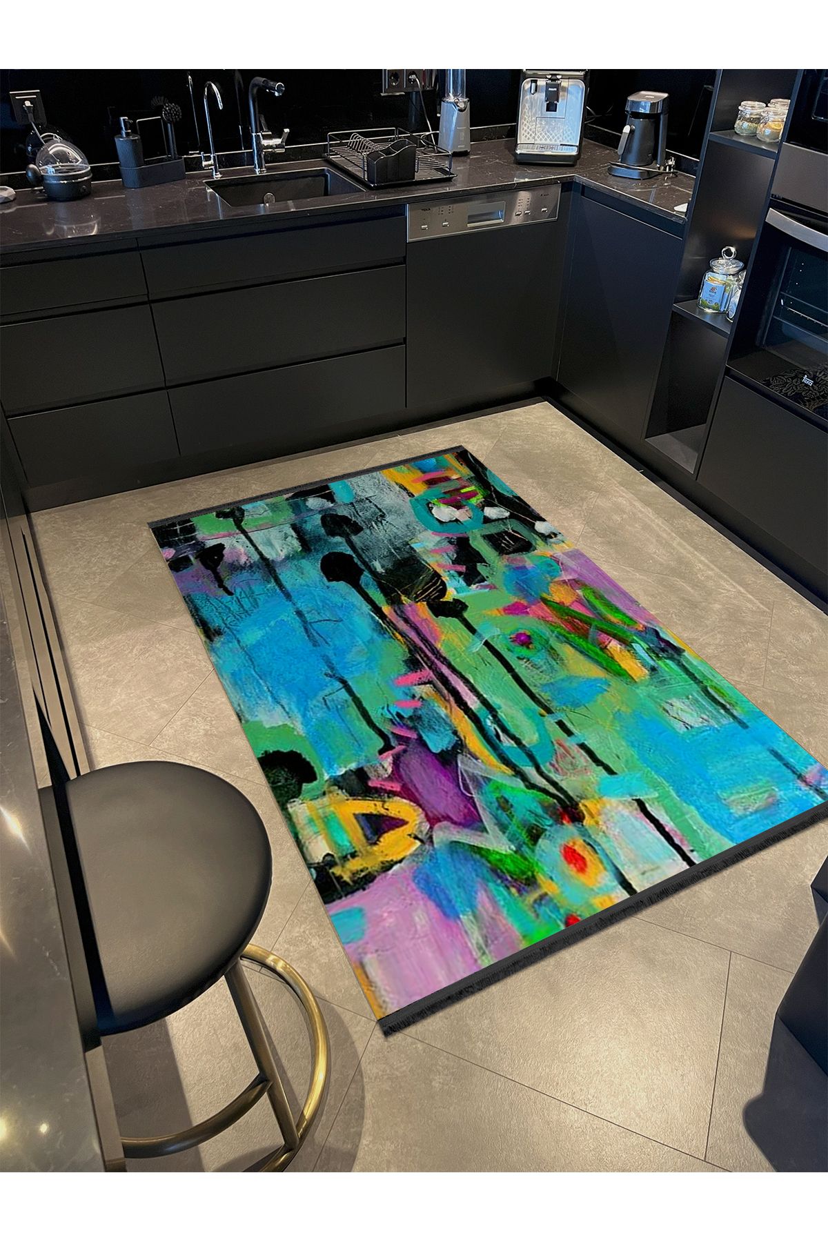 Özge Koleksiyonu Yağlı Boya Görünümlü Çok Renkli Soyut Desenli Dokuma Taban Dekoratif Halı özge16