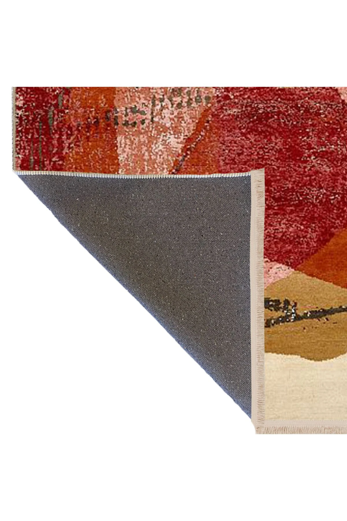 Kırmızı Temalı Karma Soyut Desenli Saçaklı Modern Dekoratif Halı 4520