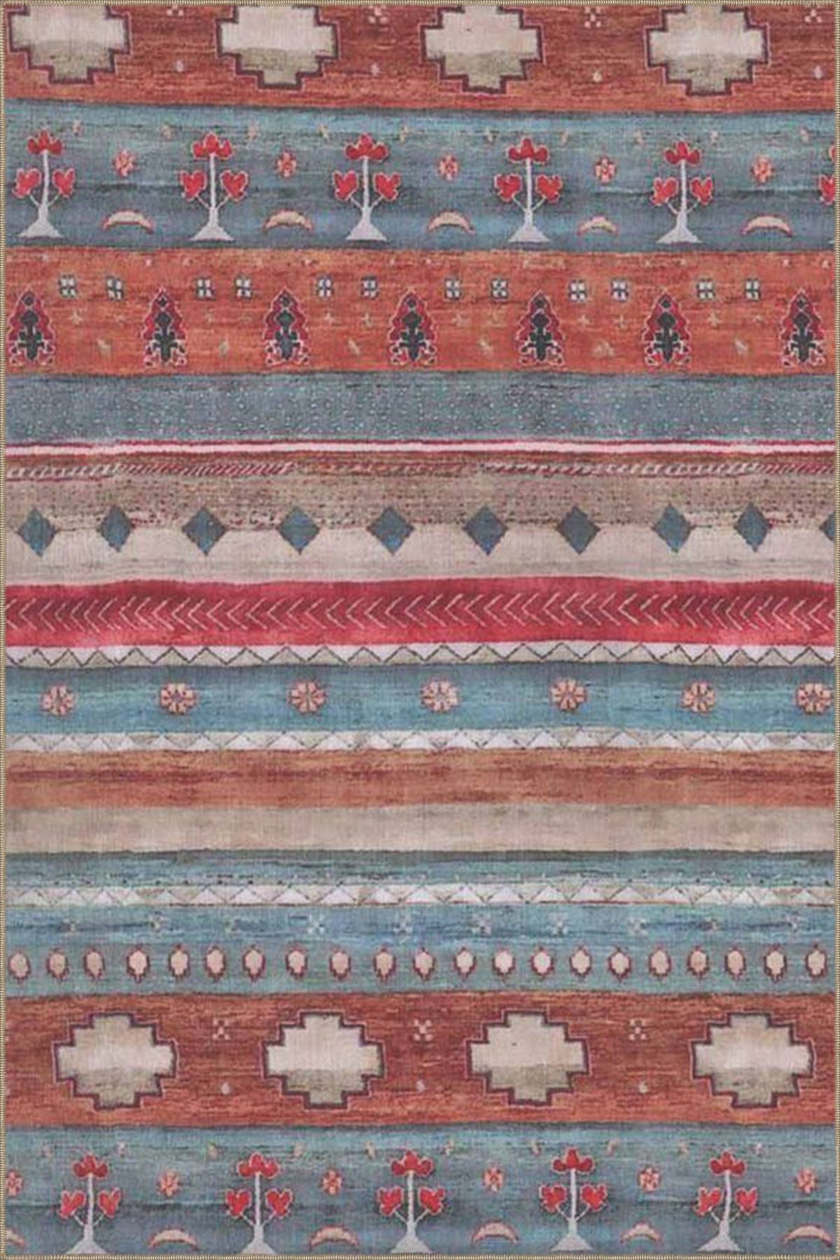 Mavi Kırmızı Renkli Pastel Çizgili Modern Dokuma Taban Halı miravip138