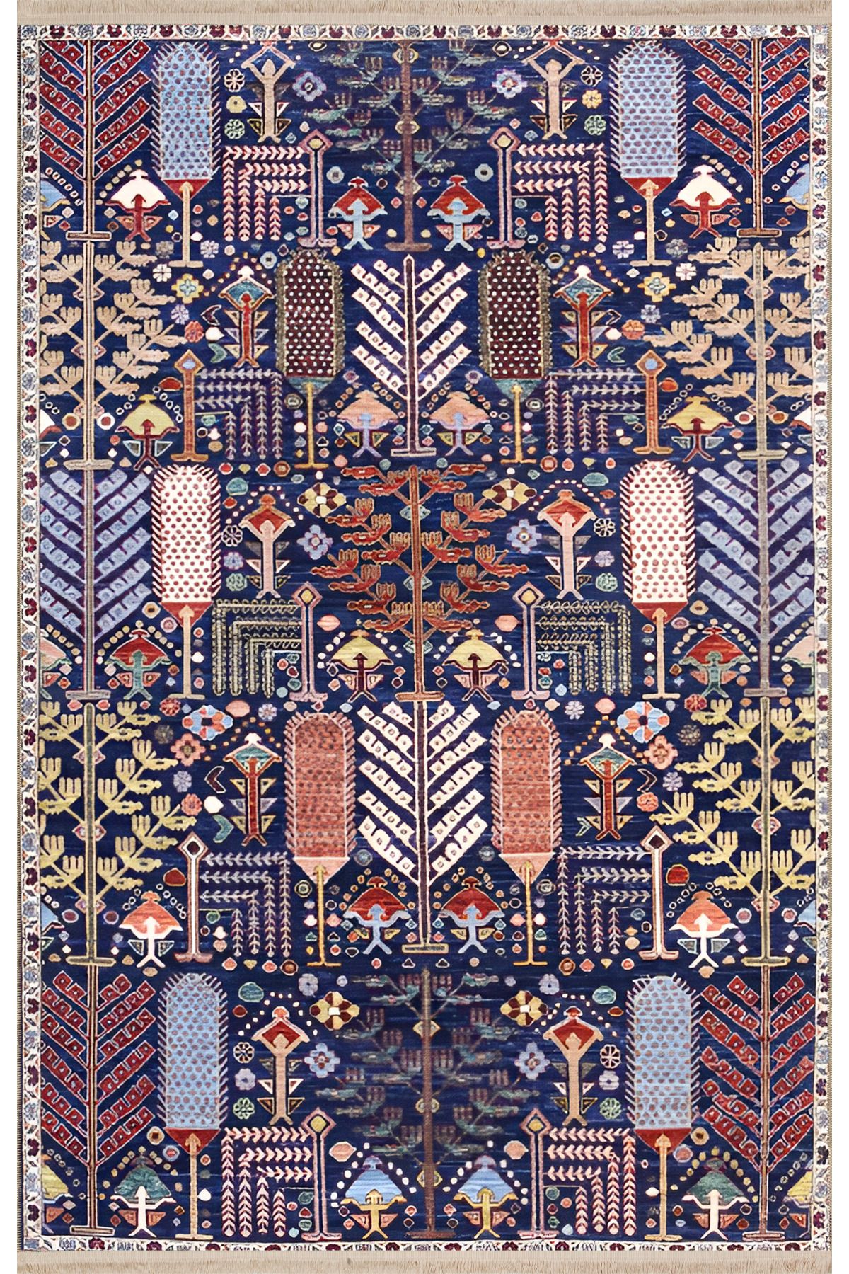 Lacivert Temalı Çok Renkli Karmaşık Şekil Desenli Modern Dekoratif Halı 1959