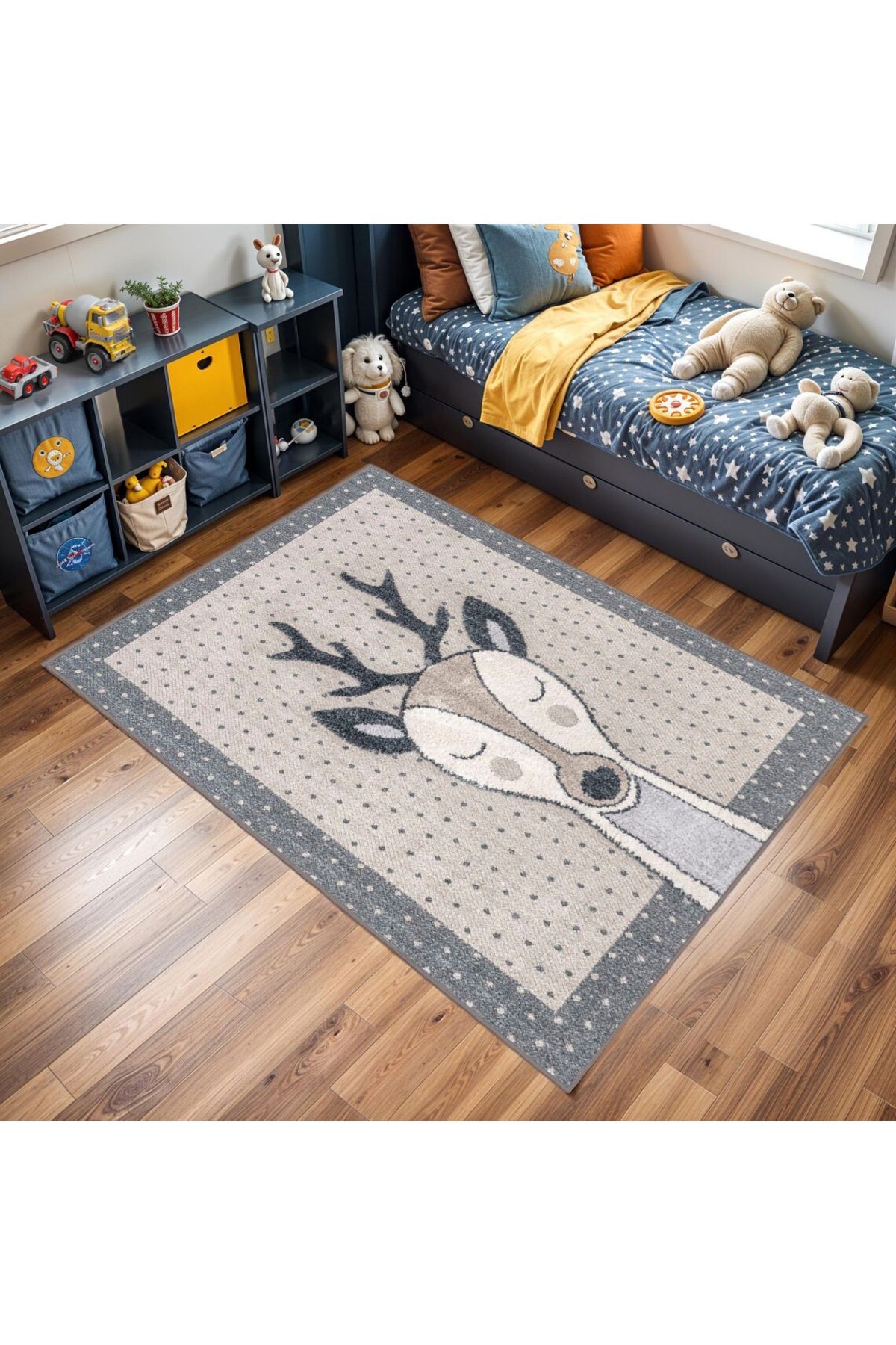 Asya Koleksiyonu Gri Bej Puantiye Desenli Sevimli Geyik Dokuma Taban Modern Dekoratif Halı asya16