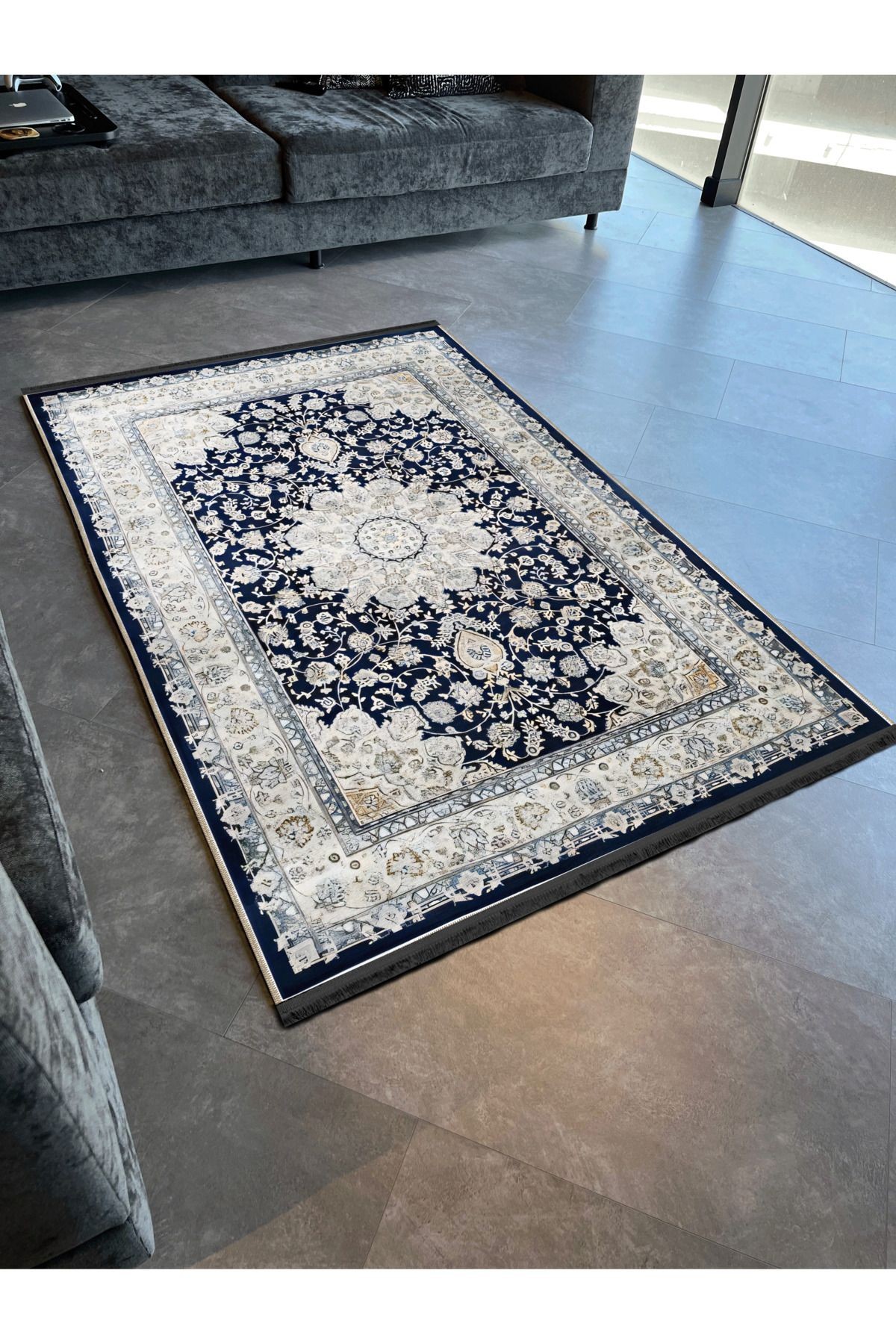 Açık Ton Mavi Bej Temalı Geleneksel Motif Etnik Çiçek Desenli Vintage Dekoratif Halı 2393