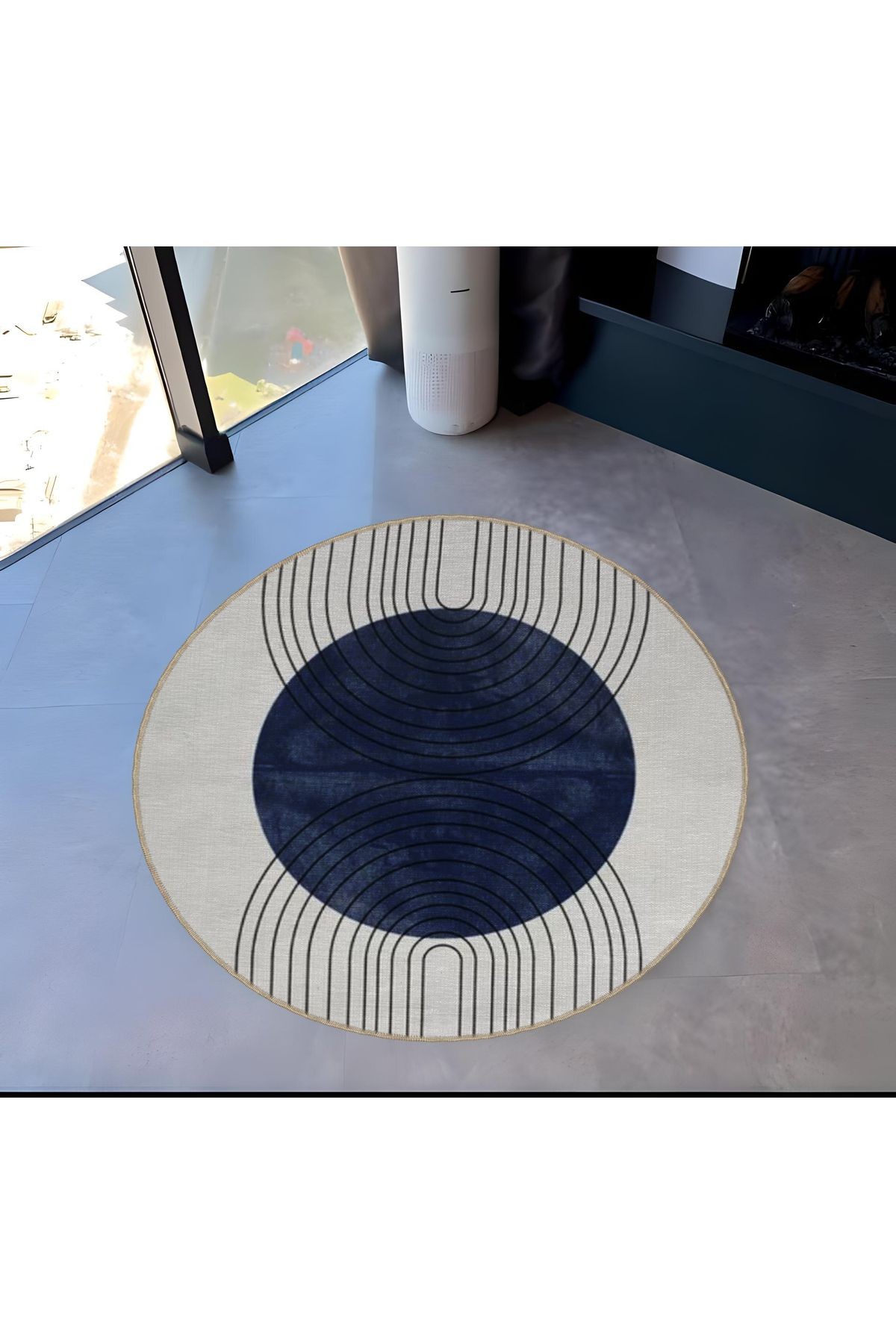 Mavi Gri Temalı Geometrik Daire ve Çizgili Desenli Yuvarlak Dokuma Taban Modern Dekoratif Halı 6026