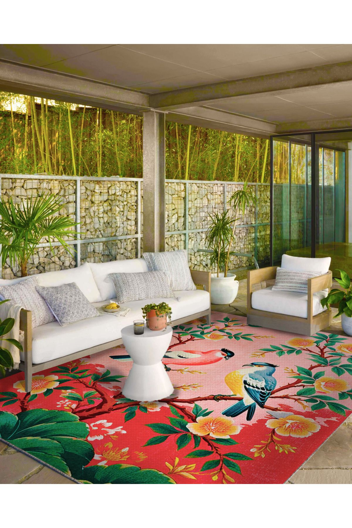 Paris Koleksiyonu Pembe Temalı Çiçekli Ağaç ve Kuş Desenli Modern Dekoratif Halı 114