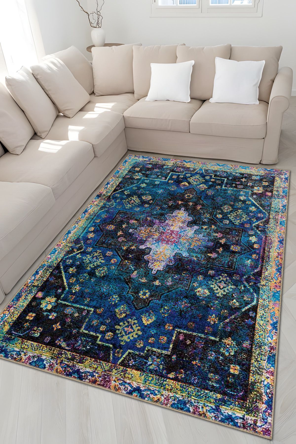 Lacivert Temalı Geleneksel Motif Desenli Etnik Vintage Dekoratif Halı 4869