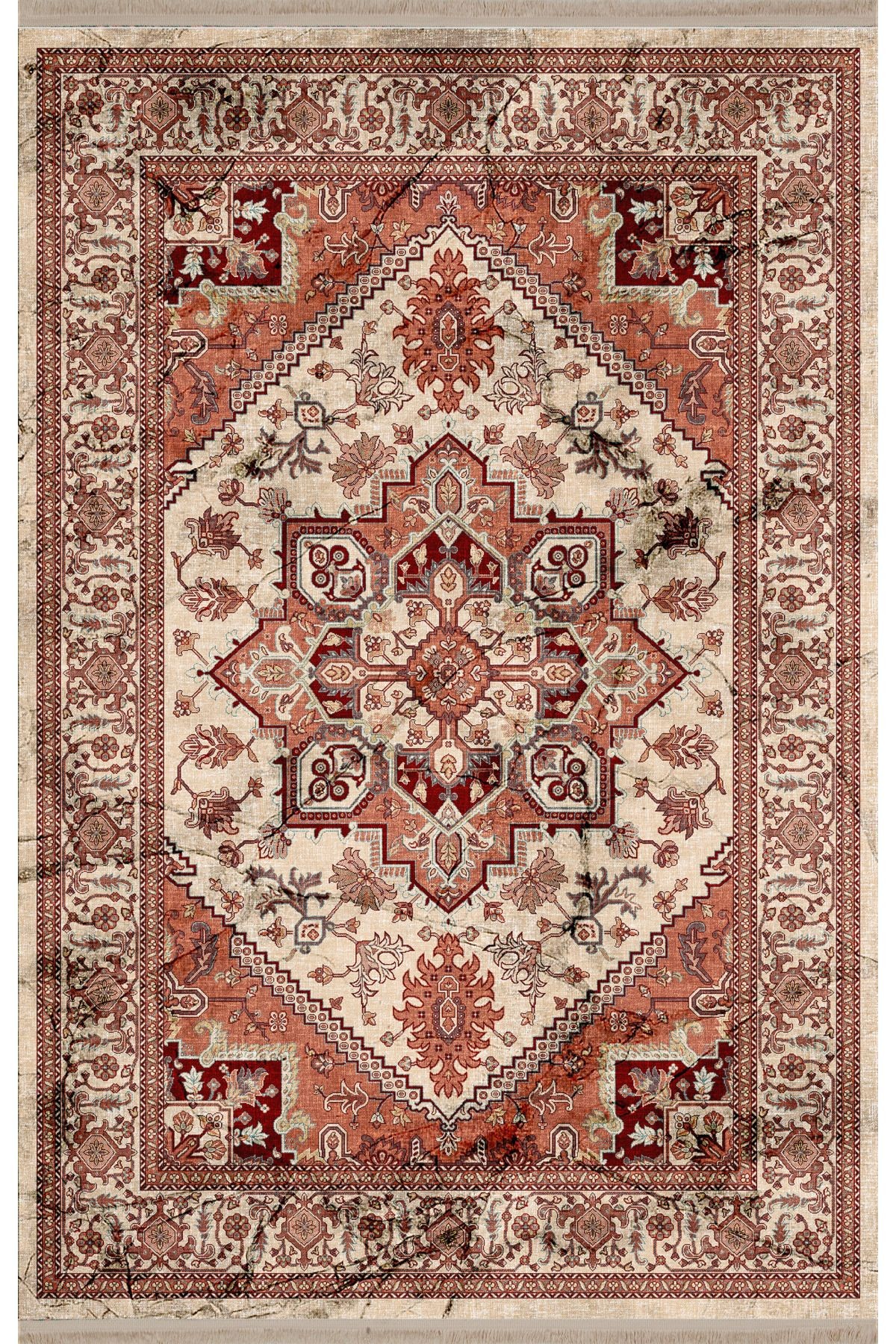 Mira Kırmızı Bej Temalı Geleneksel Motif Etnik Desenli Vintage Dekoratif Halı Mira 1583
