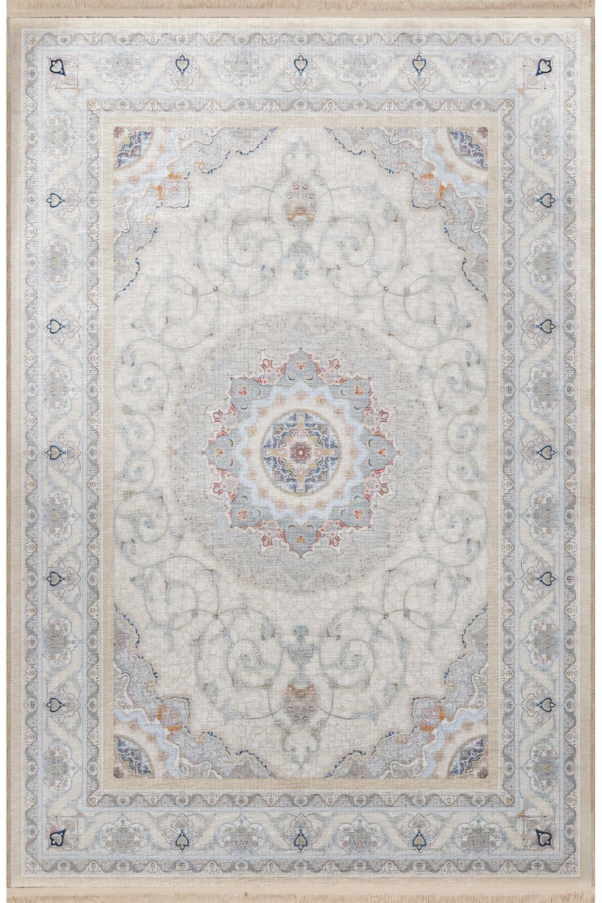 Gri Bej Temalı Geleneksel Motif Etnik Çiçek Desenli Kreatif Vintage Dekoratif Halı 2436