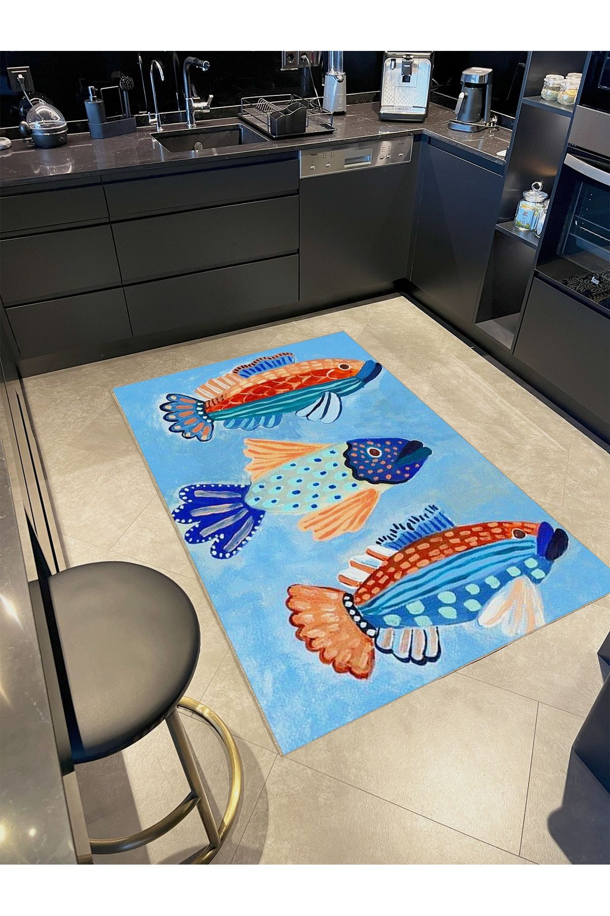 Seda Koleksiyonu Mavi Temalı Çok Renkli Balıklar Desenli Dokuma Taban Modern Dekoratif Halı seda39