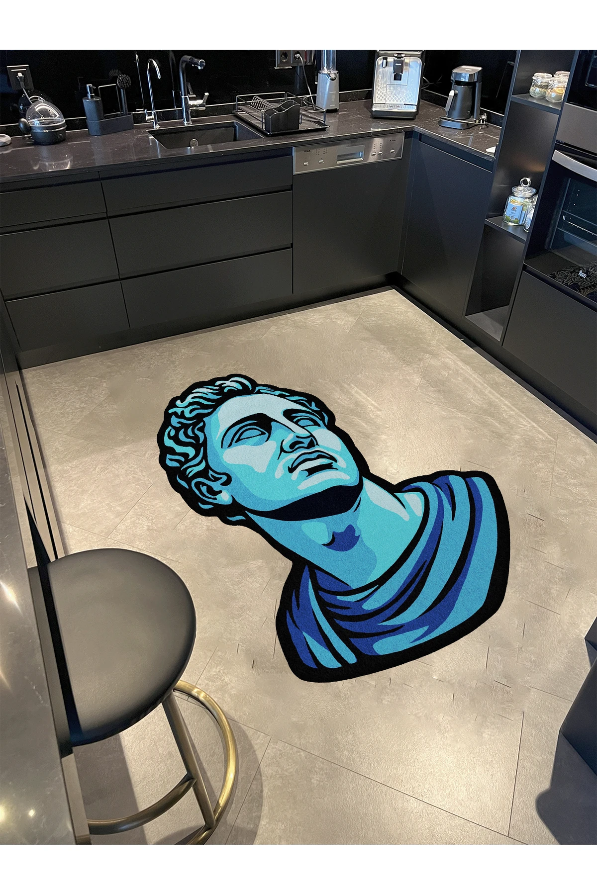 MOSSO Mavi Tonda Yunan Heykeli Figürü Desenli Dokuma Taban Modern Dekoratif Halı mosso343