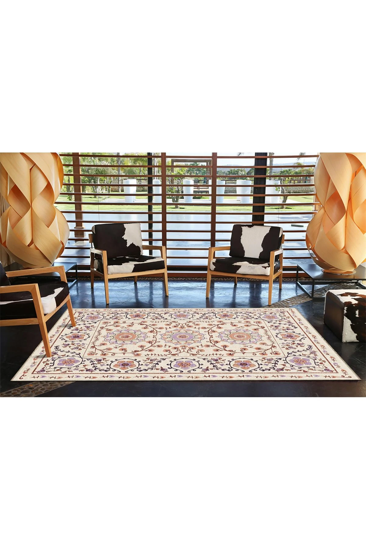 Krem Çiçekli Geometrik Modern Dokuma Taban Halı miravip8106