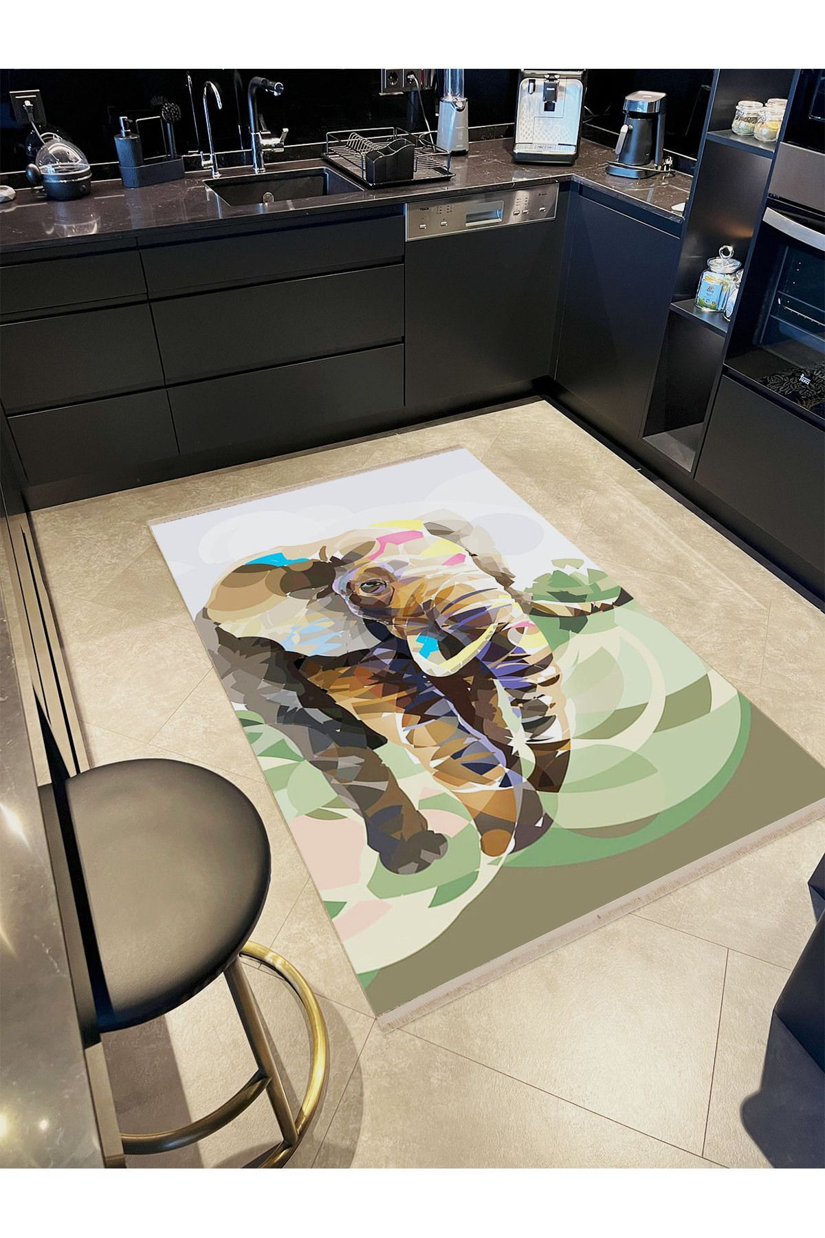 Atlas Koleksiyonu Pastel Tema Fil ve Orman Desenli Modern Dekoratif Halı 14