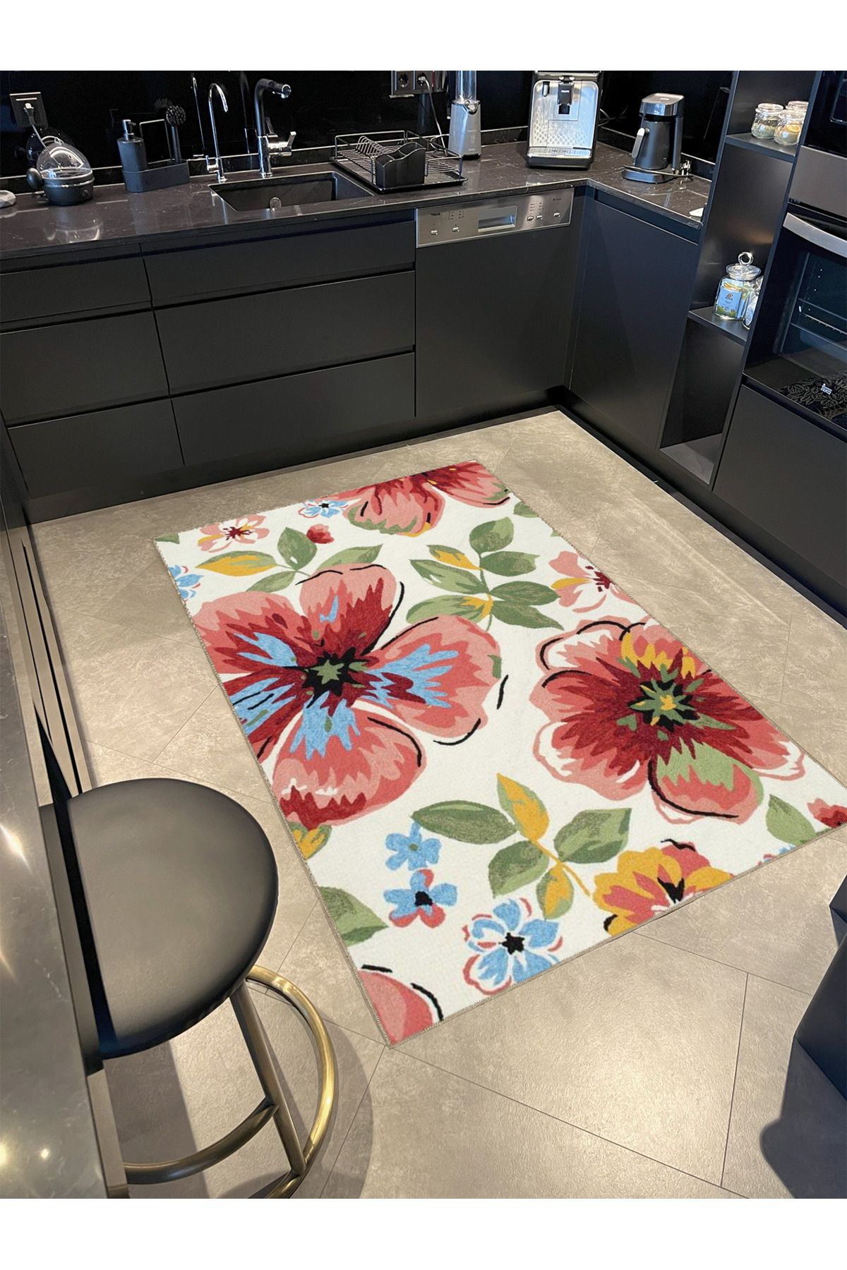 Pembe Yeşil Temalı Yaprak ve Çiçek Desenli Modern Dekoratif Halı 3857