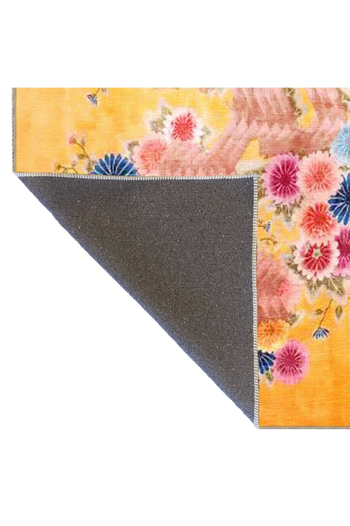 Sarı Temalı Çok Renkli Floral Çiçek Desenli Modern Dekoratif Halı 3493