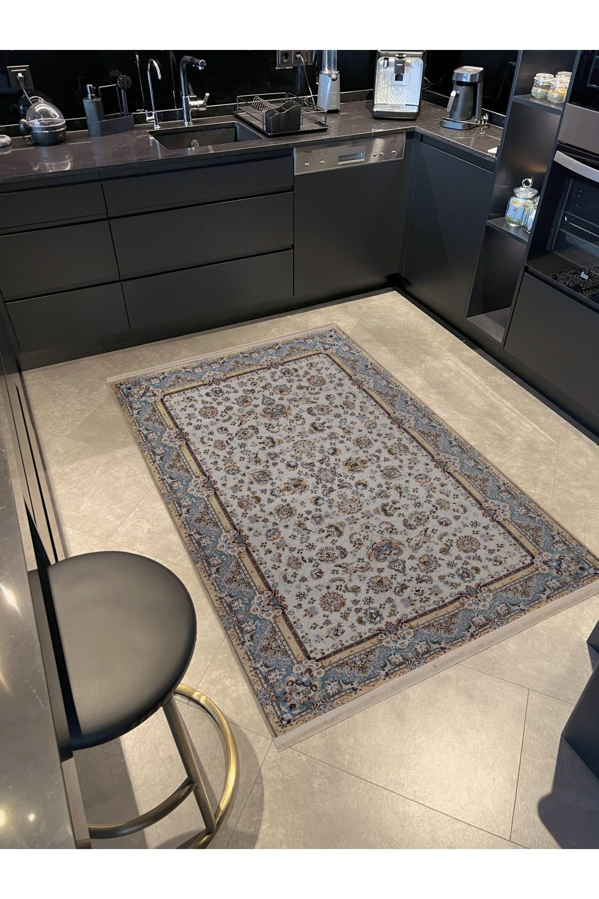 Gri Bej Temalı Geleneksel Motif Etnik Çiçek Desenli Kreatif Vintage Dekoratif Halı 2475