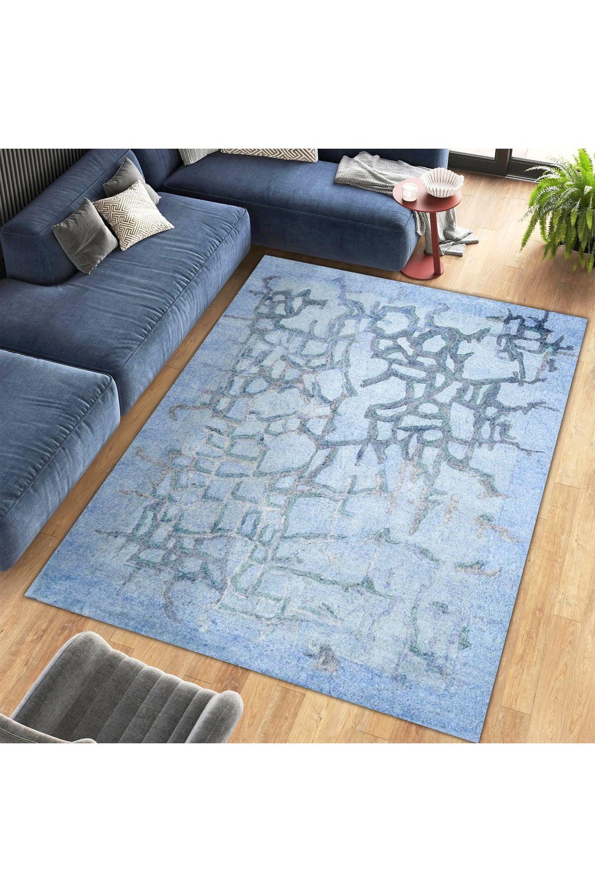 Aysu Koleksiyonu Çok Açık Mavi Soyut Desenli Dokuma Taban Modern Dekoratif Halı aysu39