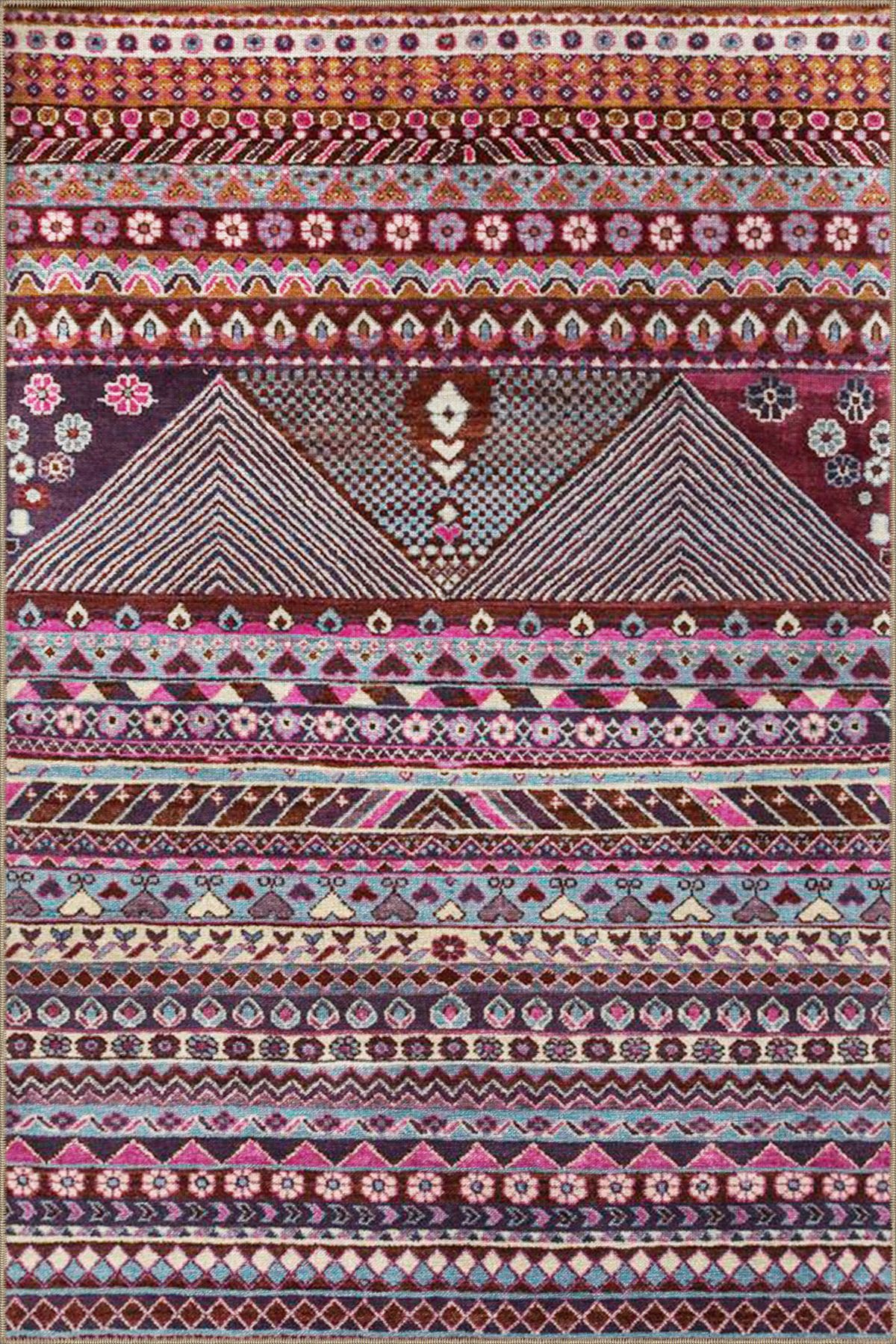 Mor Renginde Üçgen ve Çizgili Desenli Dokuma Taban Halı 4094