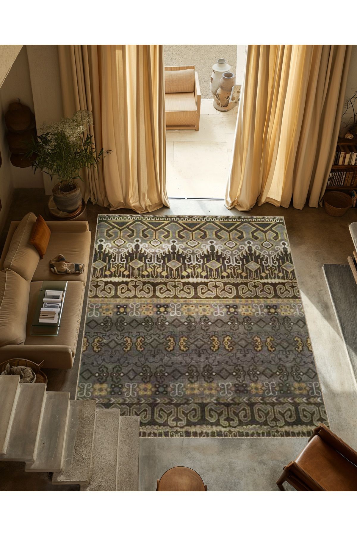 Kahve Gri Temalı Motifli Etnik Desenli Vintage Dekoratif Halı 3291