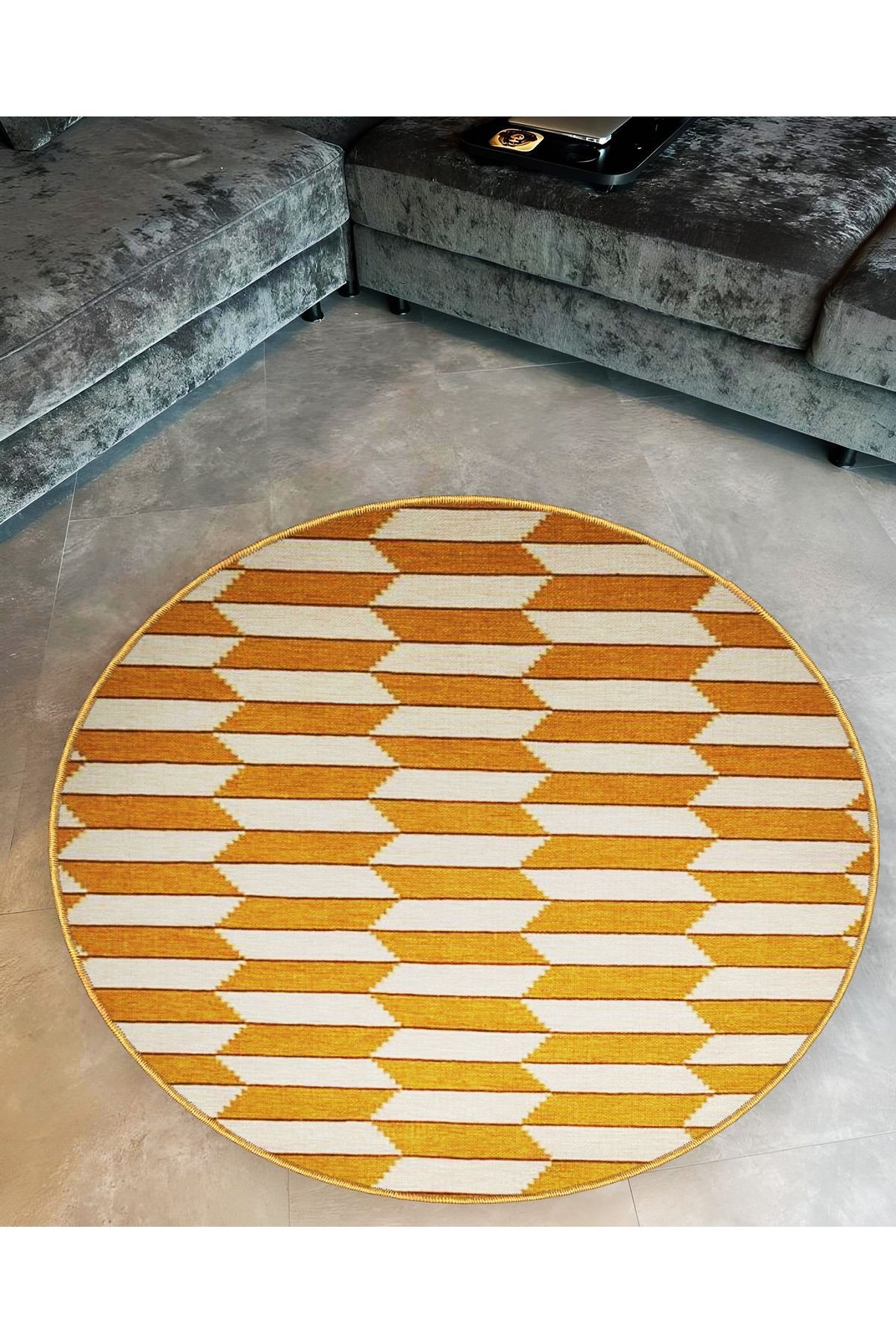 Turuncu Tema Geometrik Desenli Yuvarlak Dokuma Taban Modern Dekoratif Halı 6138