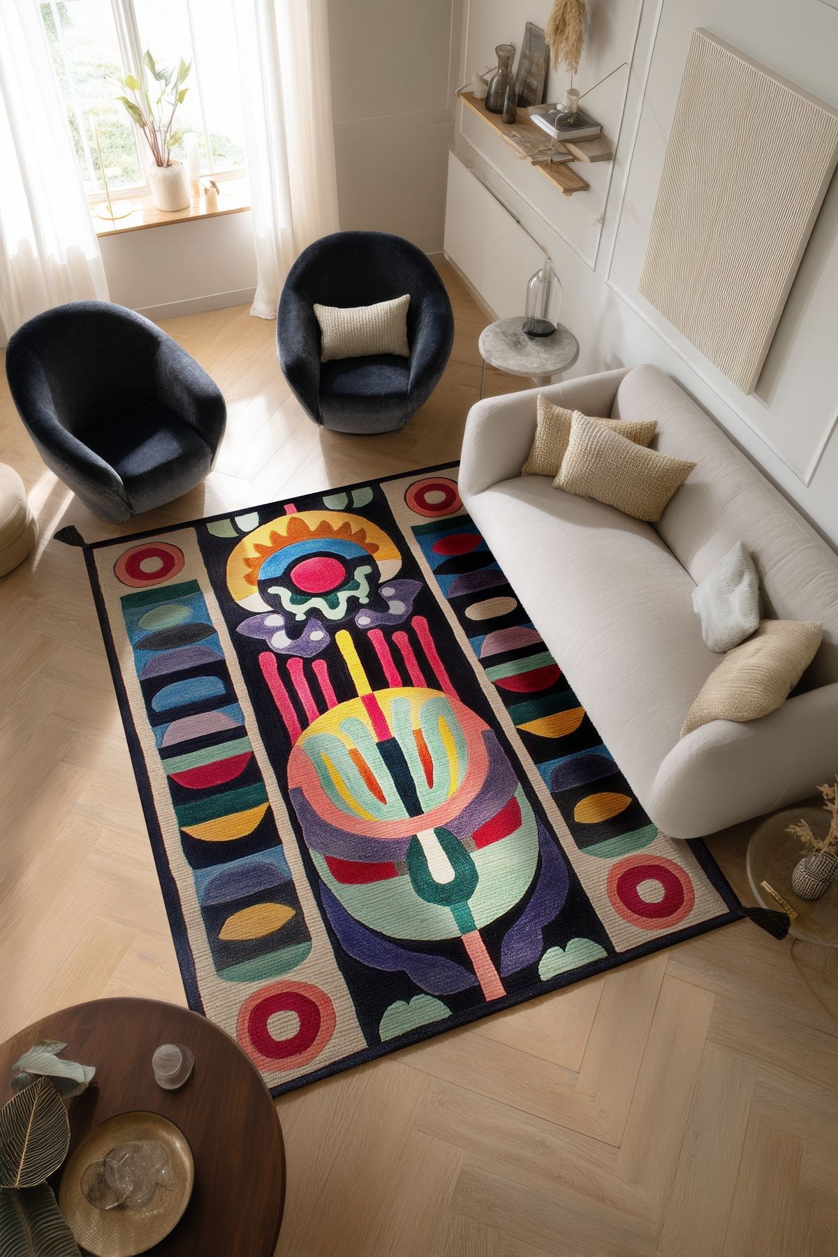 Nora Art Renkli Soyut Siyah Geometrik Desenli Dokuma Taban Dekoratif Salon Halısı 64